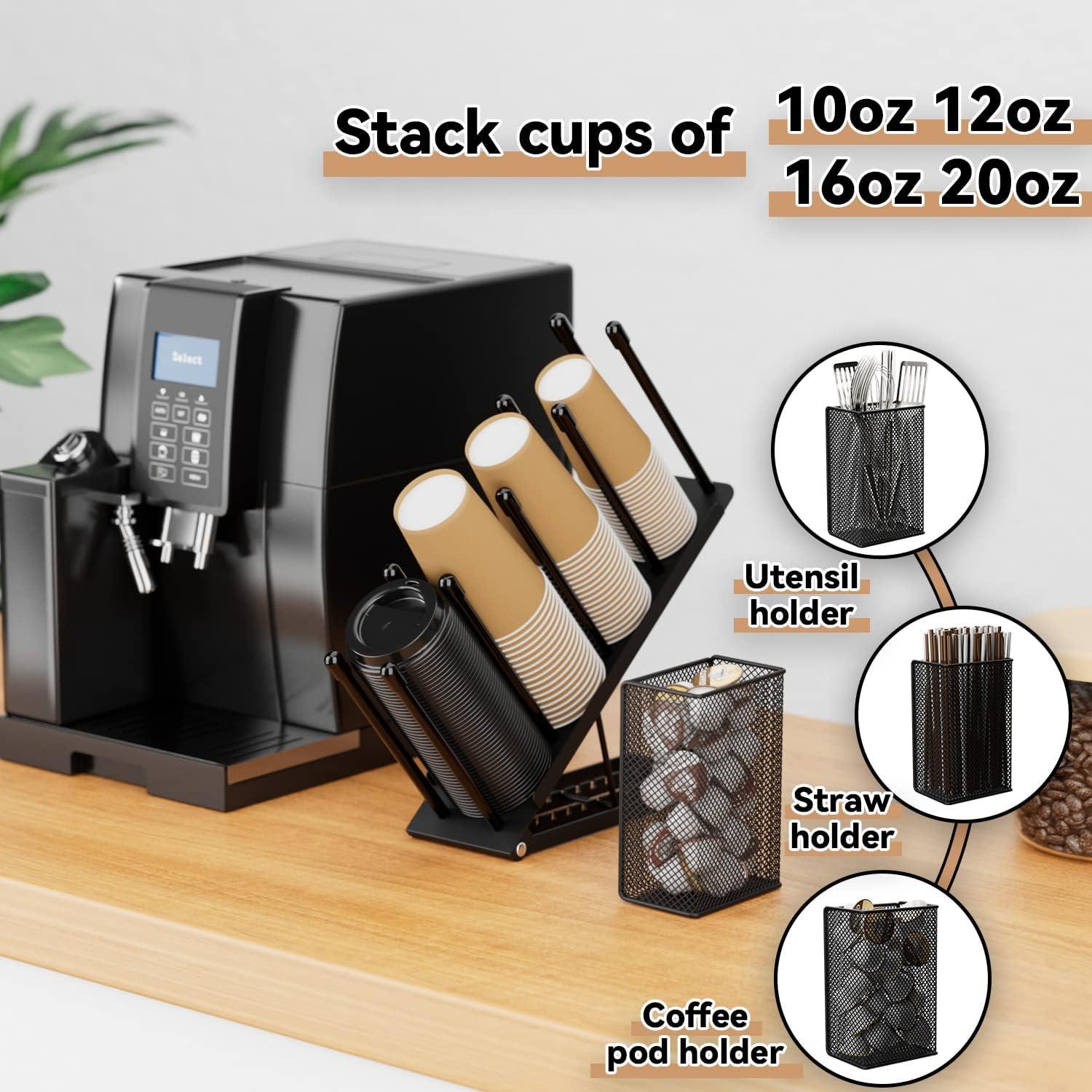 Ovicar Cup and Lid Holder - Adjustable Coffee Cup Holder Organizer 4 Compartment Disposable Cup Dispenser with Mesh Basket for Coffee Pod Straw Storage Metal (Black)