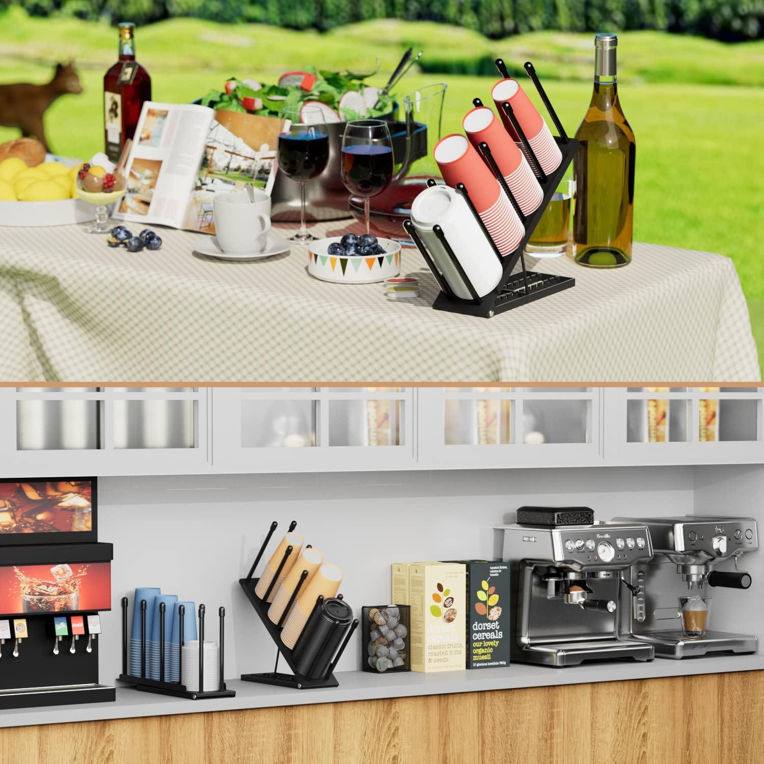 Ovicar Cup and Lid Holder - Adjustable Coffee Cup Holder Organizer 4 Compartment Disposable Cup Dispenser with Mesh Basket for Coffee Pod Straw Storage Metal (Black)