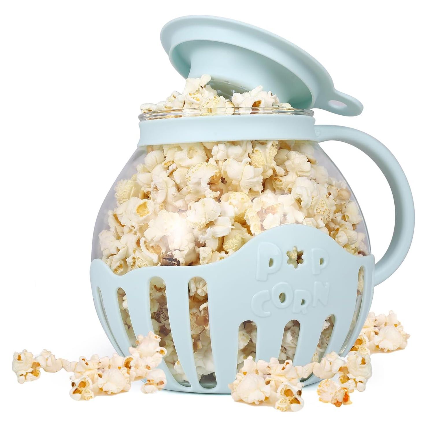 MMUGOOLER Glass Microwave Popcorn Popper, 2.25QT Original Popcorn Jar with Silicone Lid, Without BPA, Dishwasher Safe- Blue