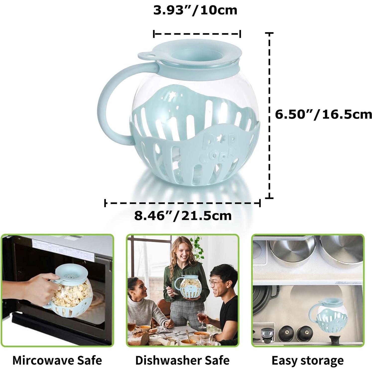MMUGOOLER Glass Microwave Popcorn Popper, 2.25QT Original Popcorn Jar with Silicone Lid, Without BPA, Dishwasher Safe- Blue