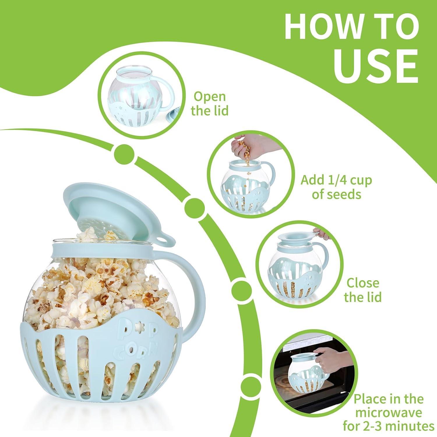 MMUGOOLER Glass Microwave Popcorn Popper, 2.25QT Original Popcorn Jar with Silicone Lid, Without BPA, Dishwasher Safe- Blue