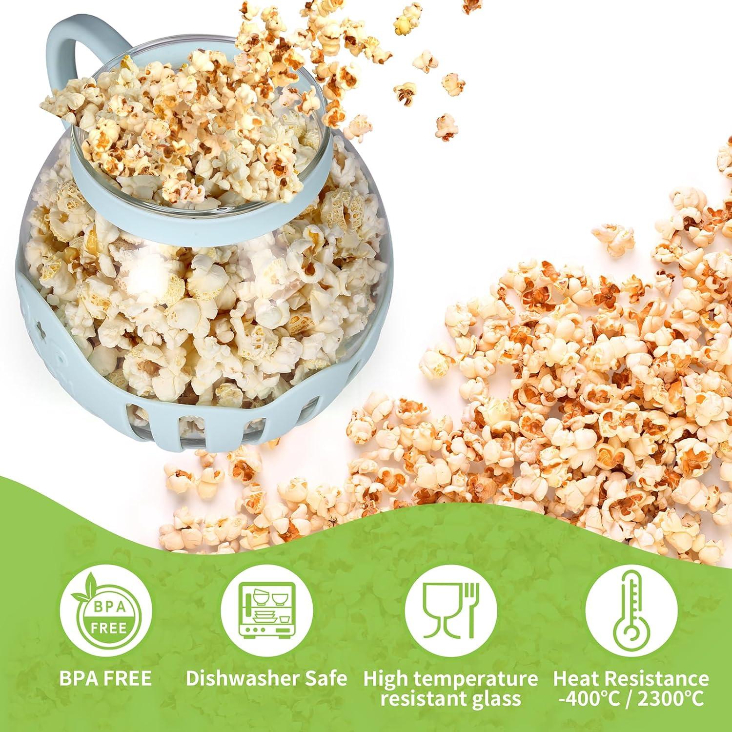 MMUGOOLER Glass Microwave Popcorn Popper, 2.25QT Original Popcorn Jar with Silicone Lid, Without BPA, Dishwasher Safe- Blue