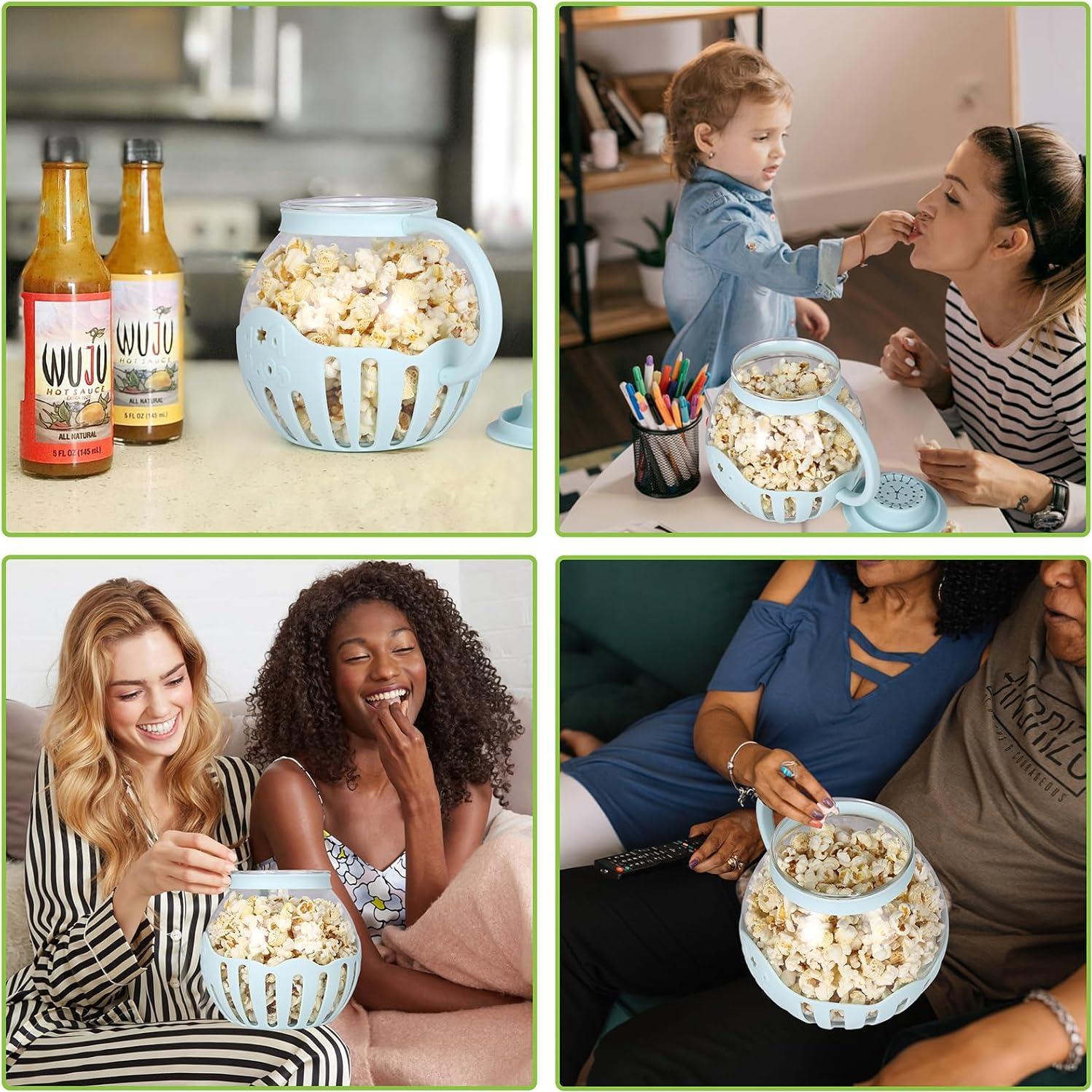 MMUGOOLER Glass Microwave Popcorn Popper, 2.25QT Original Popcorn Jar with Silicone Lid, Without BPA, Dishwasher Safe- Blue