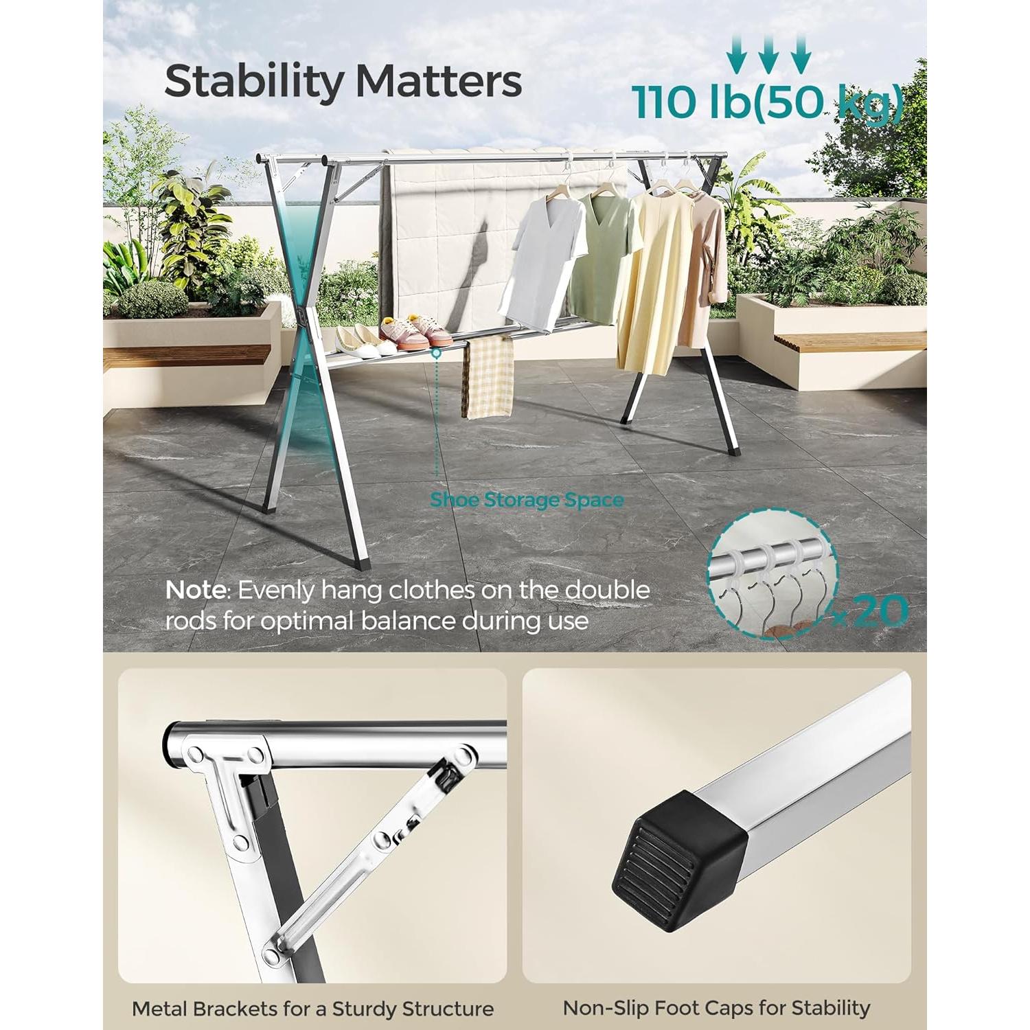 Estante para Secar Ropa SONGMICS Plegable Acero Inoxidable 66-200 cm