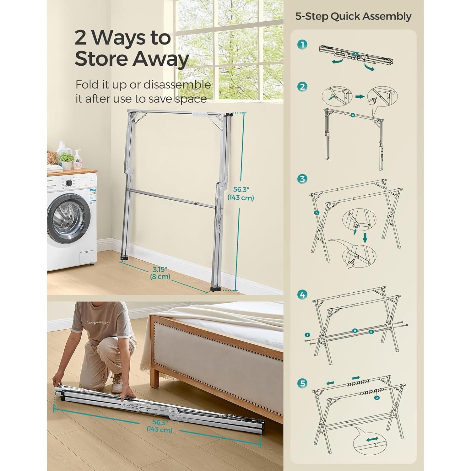 Estante para Secar Ropa SONGMICS Plegable Acero Inoxidable 66-200 cm
