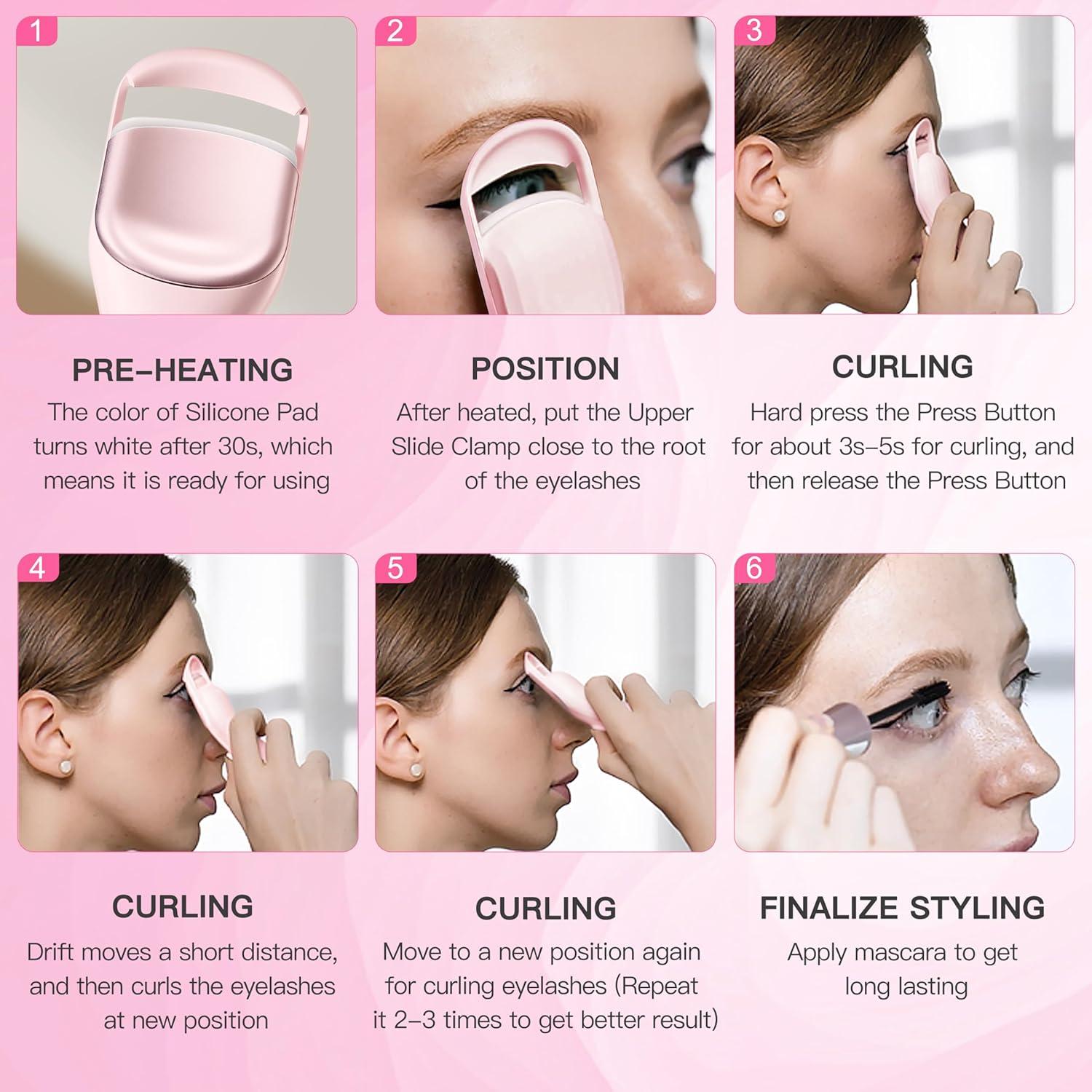 Heated Eyelash Curler Pro, 149F/167F Heat Settings, Food-Grade Silicone Pad, Rechargeable 600mAh Battery (Light Pink)