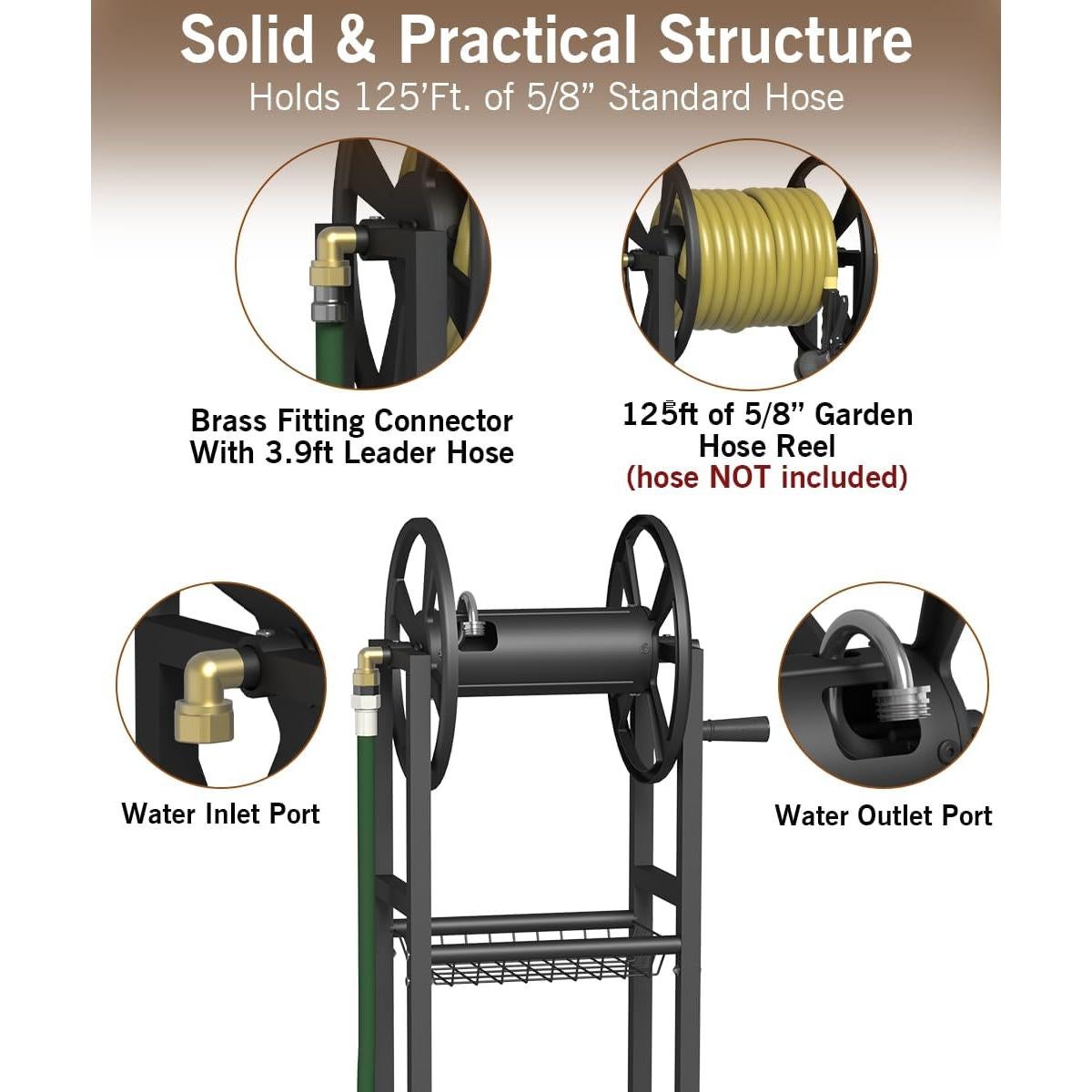 Garbuildman Ground Mount Garden Hose Reel Holds 125 Feet of 5/8-Inch with 3.9 ft Leader Hose, Brass Fitting, Water Hose Holder Stand with Storage Rack & 4 Spikes Base for Outdoor Lawn, Black