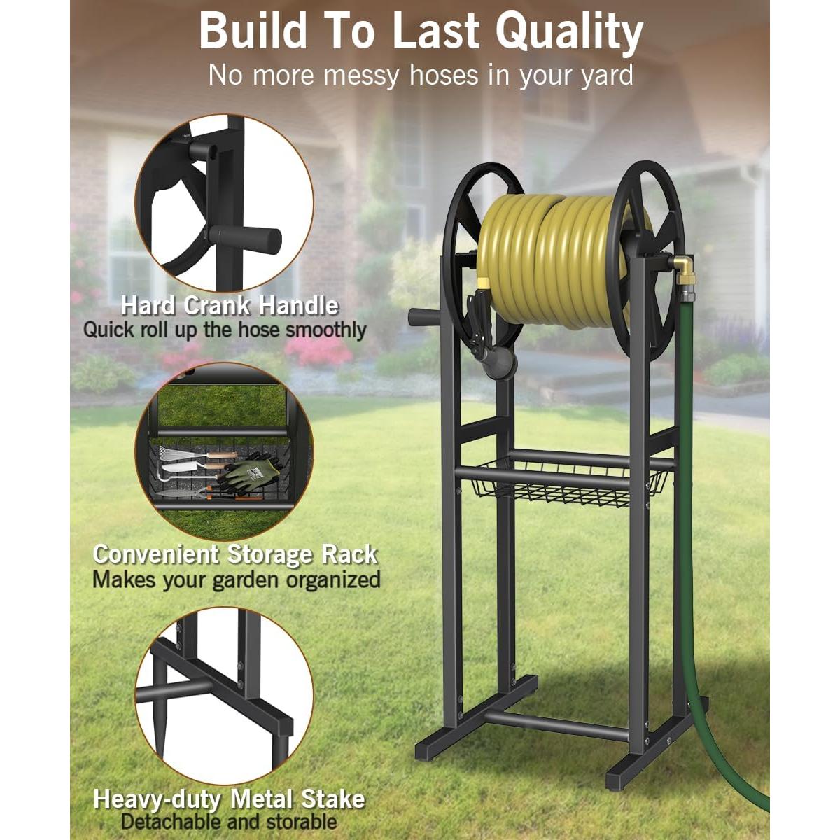 Garbuildman Ground Mount Garden Hose Reel Holds 125 Feet of 5/8-Inch with 3.9 ft Leader Hose, Brass Fitting, Water Hose Holder Stand with Storage Rack & 4 Spikes Base for Outdoor Lawn, Black