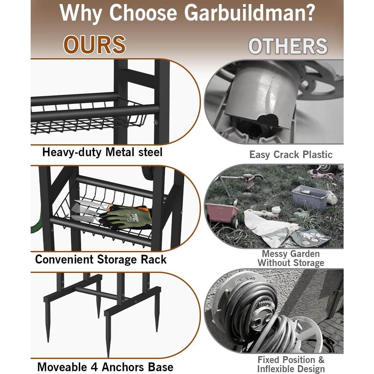 Garbuildman Ground Mount Garden Hose Reel Holds 125 Feet of 5/8-Inch with 3.9 ft Leader Hose, Brass Fitting, Water Hose Holder Stand with Storage Rack & 4 Spikes Base for Outdoor Lawn, Black