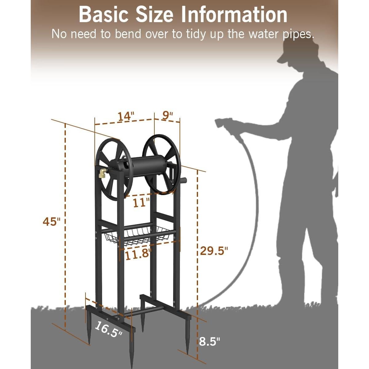 Garbuildman Ground Mount Garden Hose Reel Holds 125 Feet of 5/8-Inch with 3.9 ft Leader Hose, Brass Fitting, Water Hose Holder Stand with Storage Rack & 4 Spikes Base for Outdoor Lawn, Black