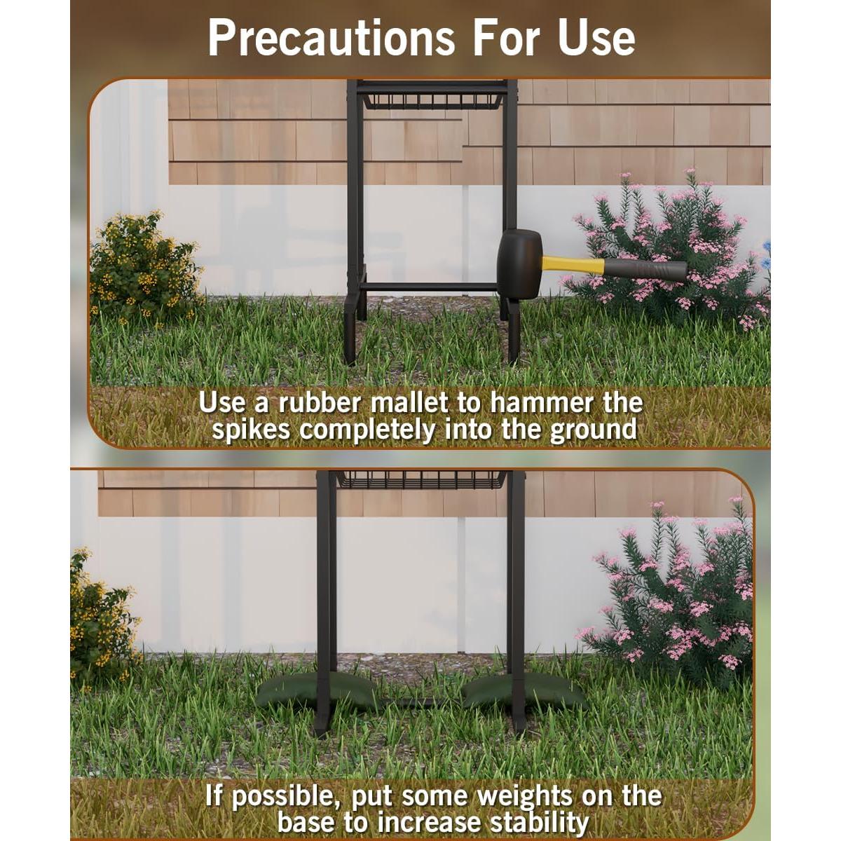 Garbuildman Ground Mount Garden Hose Reel Holds 125 Feet of 5/8-Inch with 3.9 ft Leader Hose, Brass Fitting, Water Hose Holder Stand with Storage Rack & 4 Spikes Base for Outdoor Lawn, Black