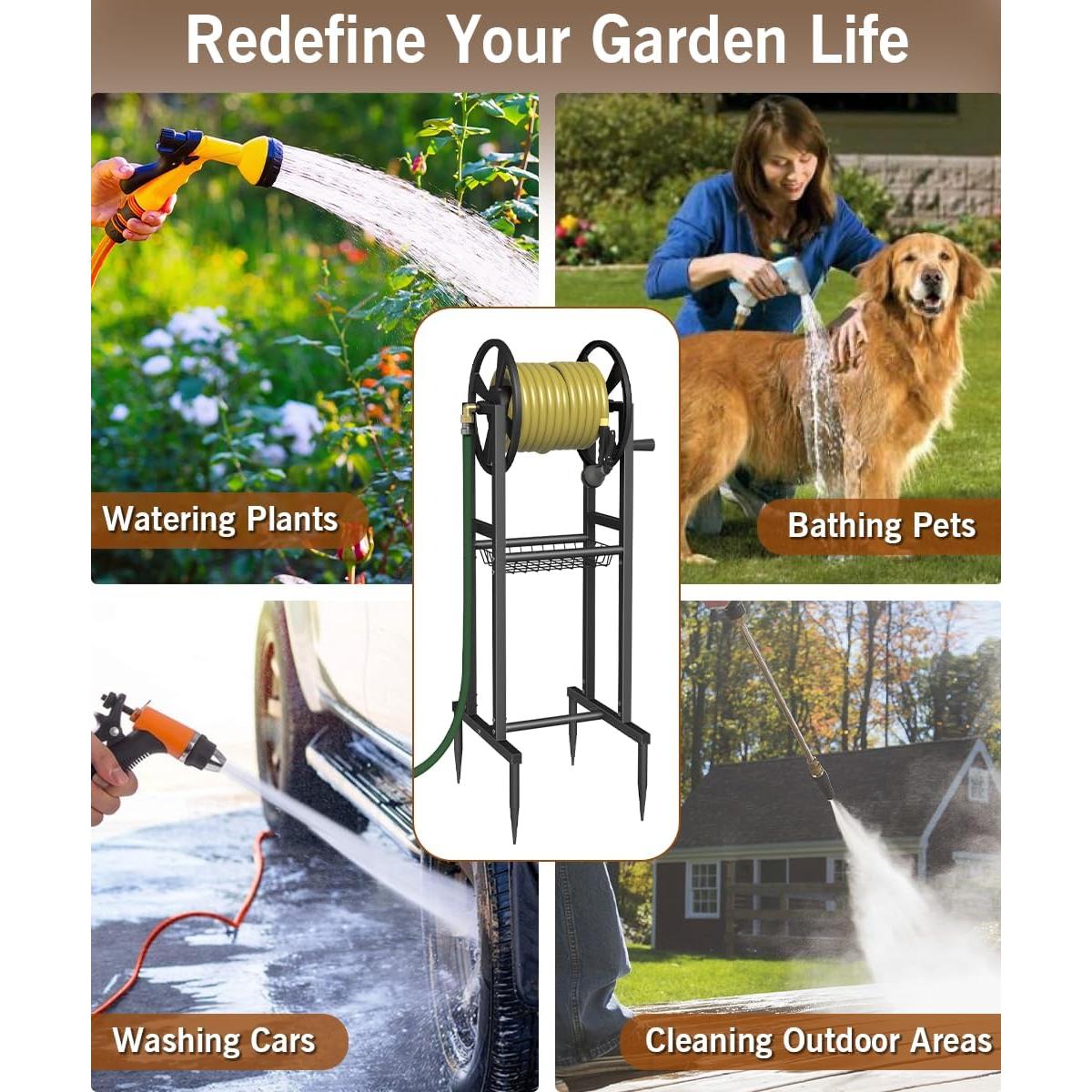 Garbuildman Ground Mount Garden Hose Reel Holds 125 Feet of 5/8-Inch with 3.9 ft Leader Hose, Brass Fitting, Water Hose Holder Stand with Storage Rack & 4 Spikes Base for Outdoor Lawn, Black