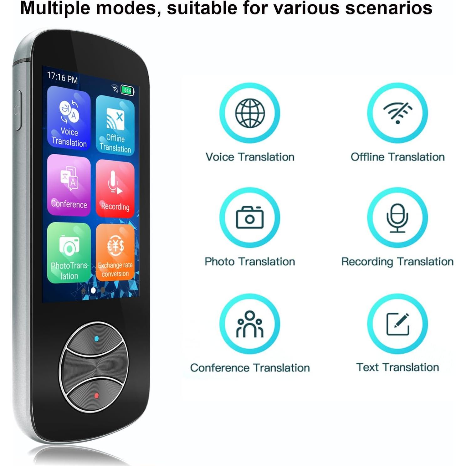 Traductor de Idiomas AI CHUNMU Gris Oscuro 137+ Idiomas Offline