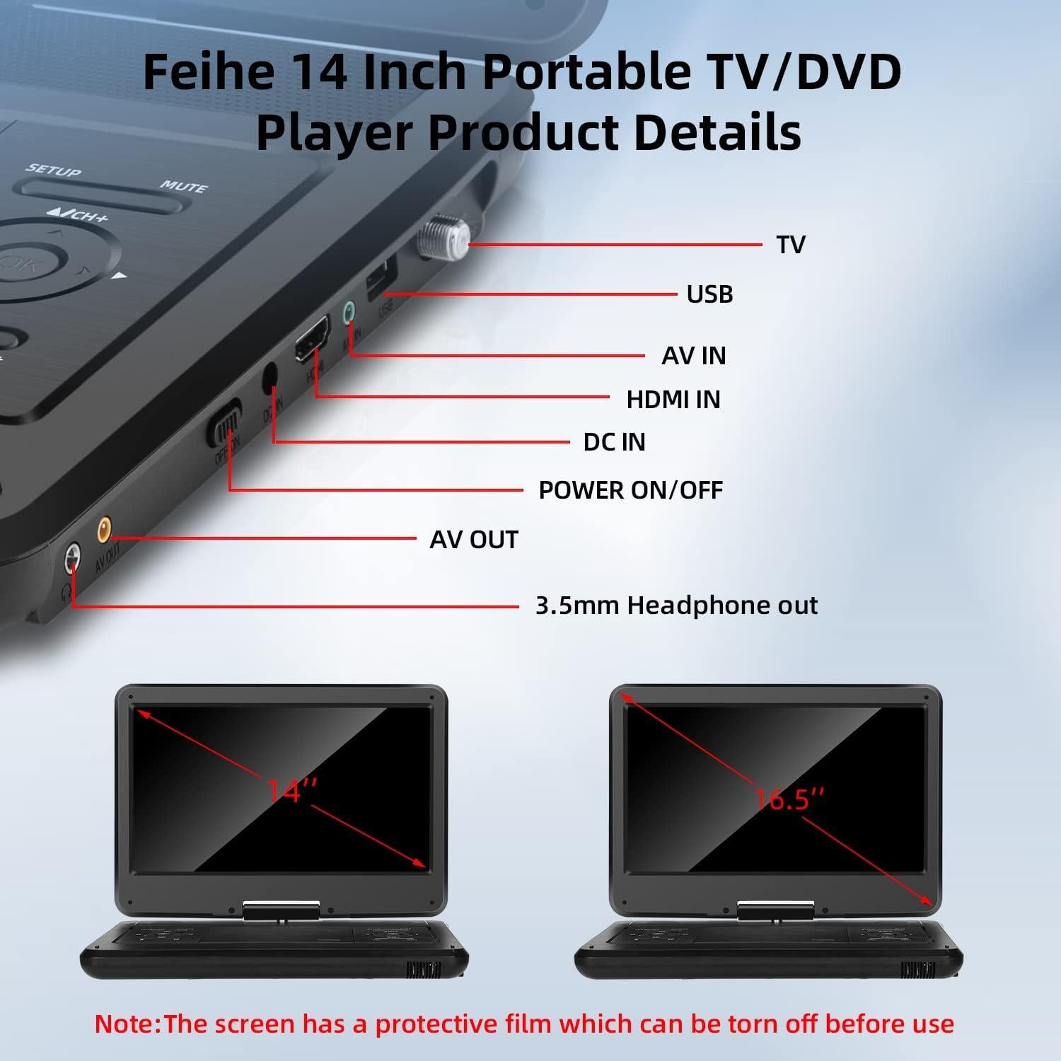 Televisor portátil 14" Feihe con DVD, HDMI, USB y batería