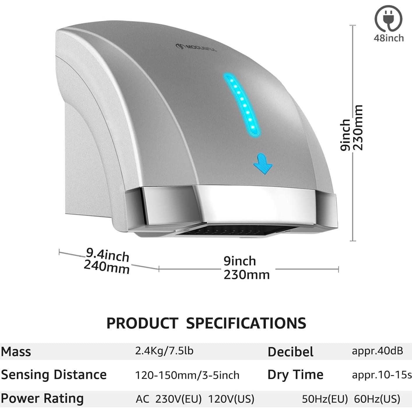 Secador de Manos Eléctrico Sin Contacto Modunful 1600W Gris