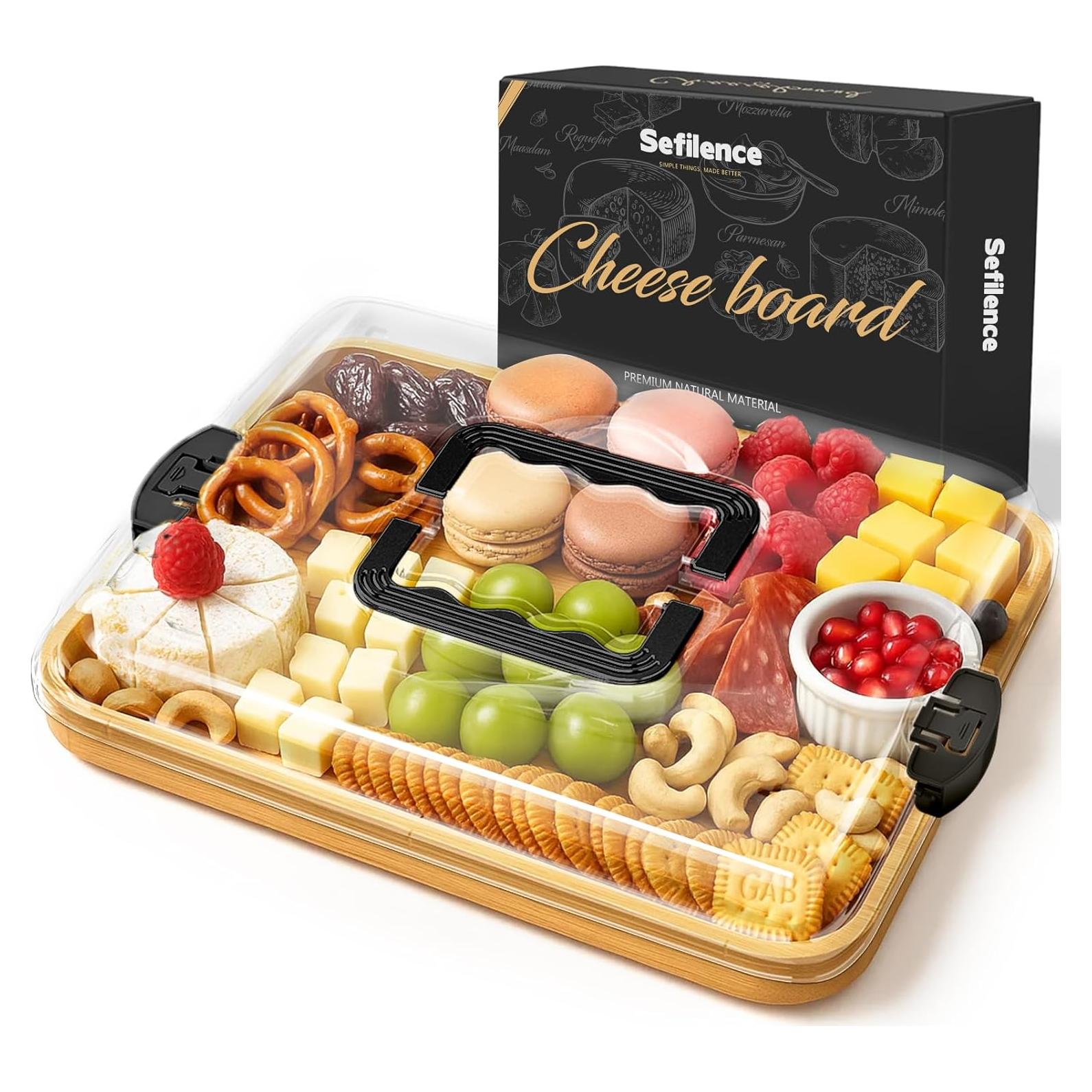 Charcuterie Board Cheese Board with Lid and Handle, Portable Bamboo Snackle Box, Build-a-Board Cutting Board with Compartments for Charcuterie Snacks Parties,Travel,Picnics, Ideal Gift (Black)