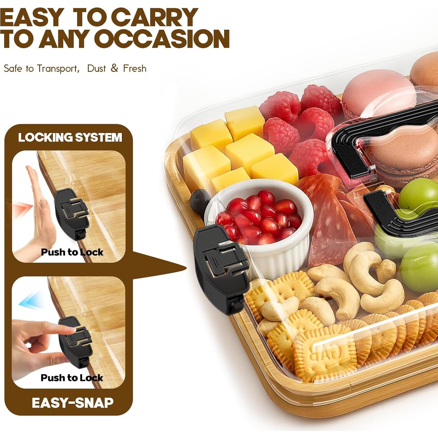 Charcuterie Board Cheese Board with Lid and Handle, Portable Bamboo Snackle Box, Build-a-Board Cutting Board with Compartments for Charcuterie Snacks Parties,Travel,Picnics, Ideal Gift (Black)