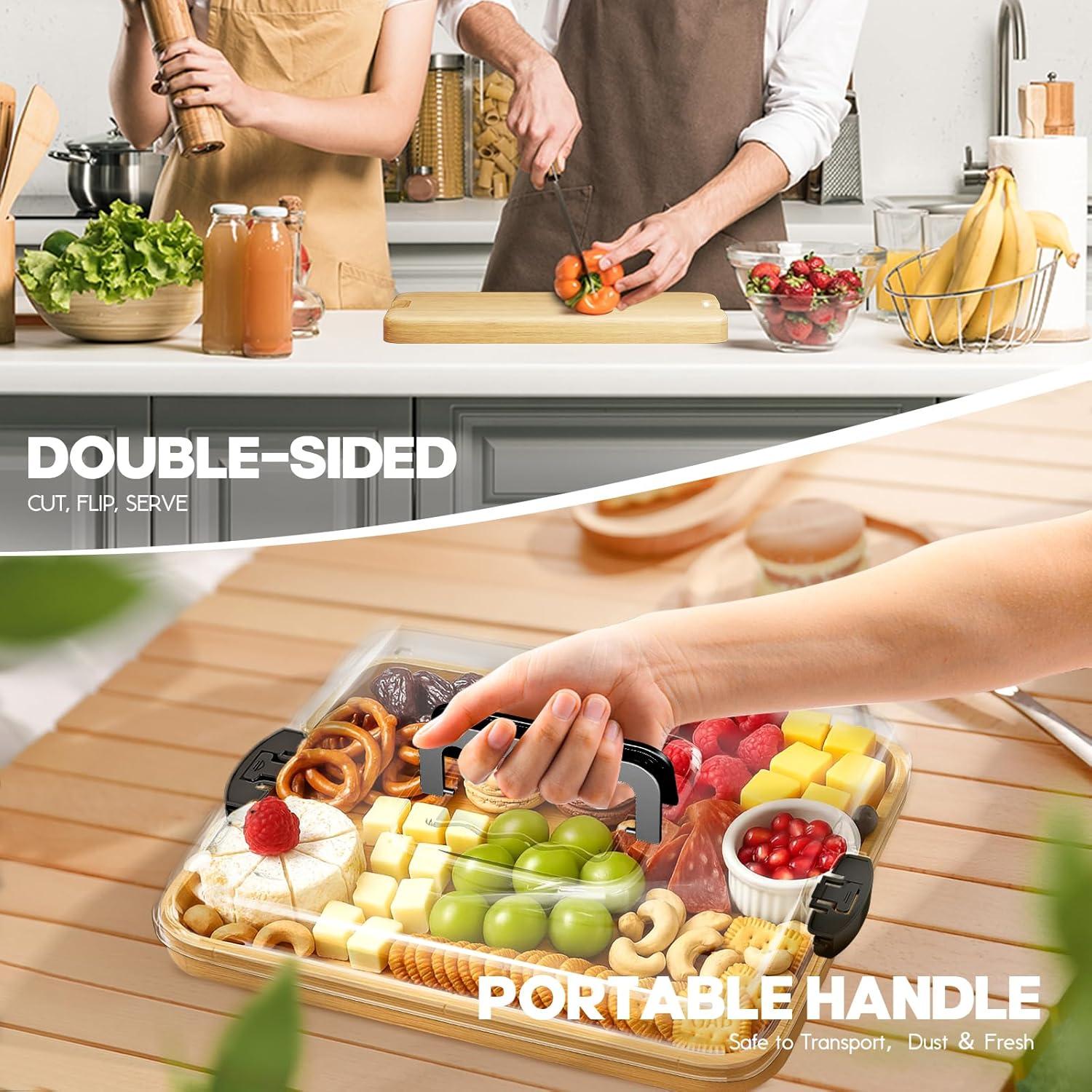 Charcuterie Board Cheese Board with Lid and Handle, Portable Bamboo Snackle Box, Build-a-Board Cutting Board with Compartments for Charcuterie Snacks Parties,Travel,Picnics, Ideal Gift (Black)