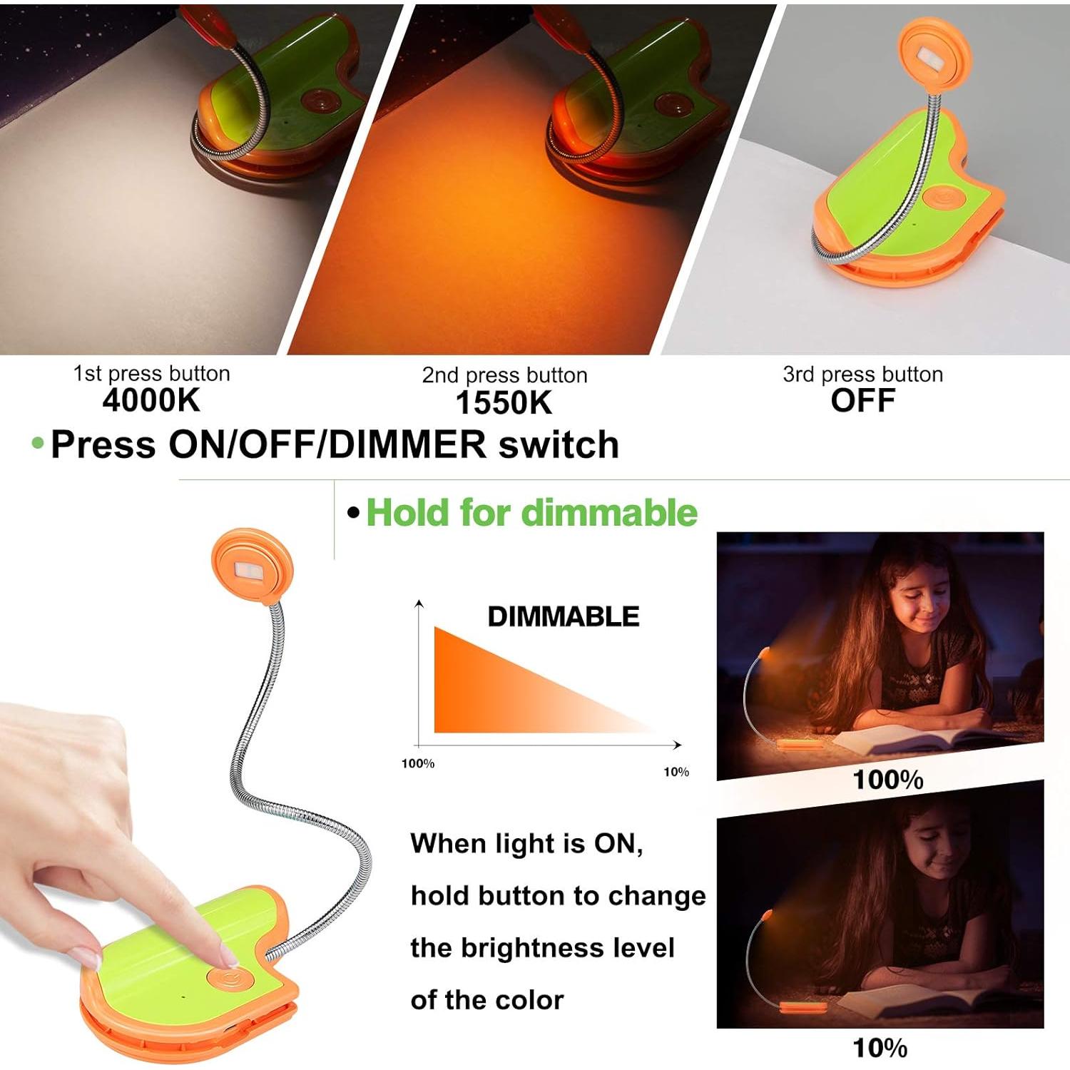 Amber Clip-On Light for Bedtime Reading, 2 Modes, Blue Light Blocking, Bookmark Light - Orange