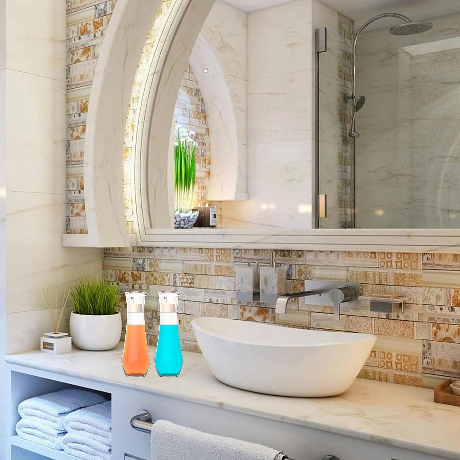 2 Pack Mouthwash Dispenser - 8.8 oz Glass Mouth Wash Container Small Refillable Mouthwash Bottle with Lid Cup for Bathroom Countertop