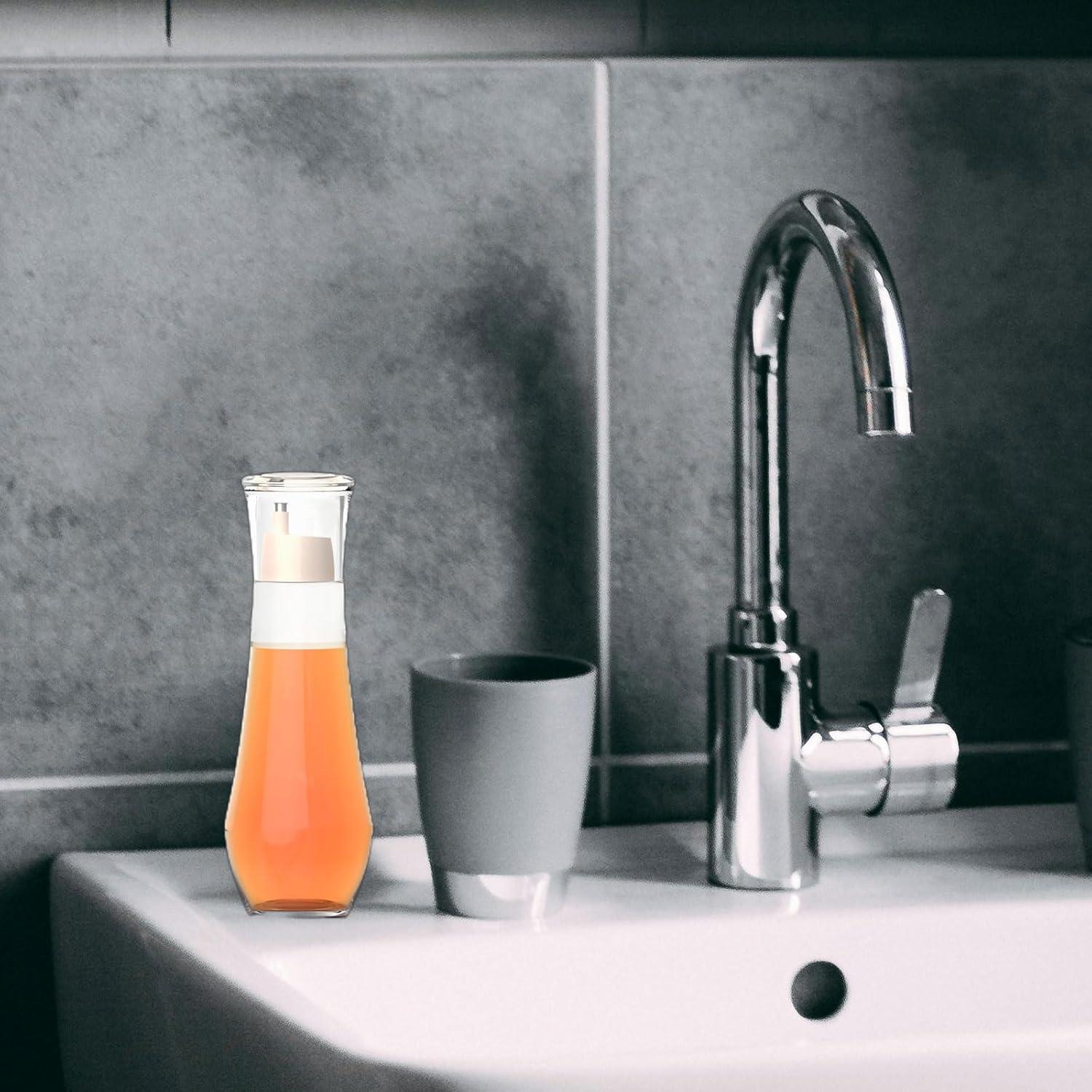 2 Pack Mouthwash Dispenser - 8.8 oz Glass Mouth Wash Container Small Refillable Mouthwash Bottle with Lid Cup for Bathroom Countertop