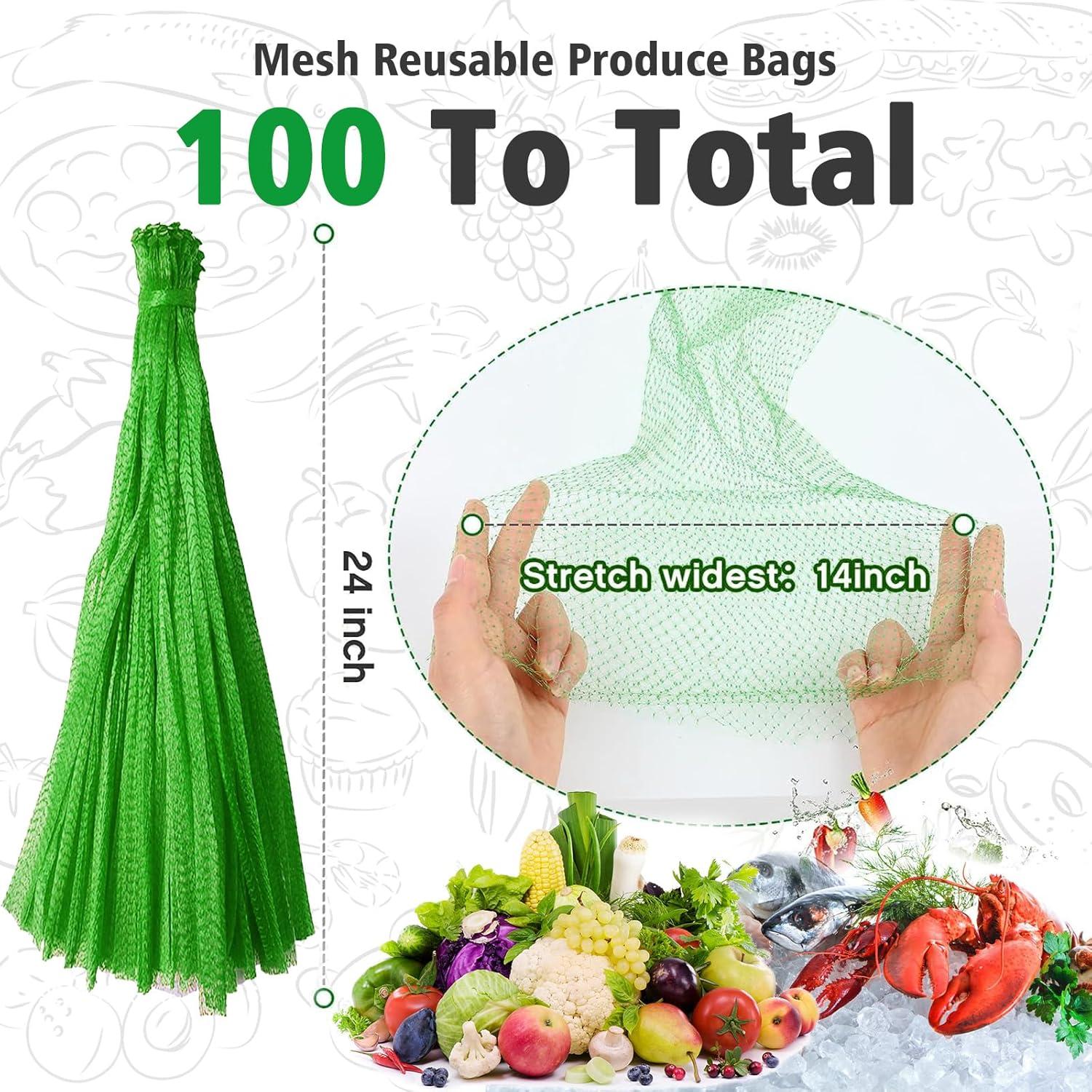 100Pcs Reusable Produce Mesh Bags, Onion Fruits Mesh Produce Bag and Seafood Boil Bag 24’’ Storage Bags for Grocery Shopping Storage of Vegetable Seafood Toy & Garden Produce(Green)