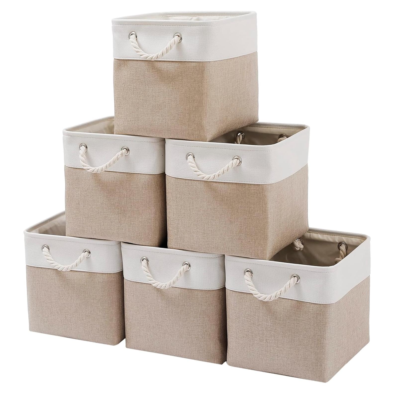 11 x 11 Inch Cube Storage Bins, 6 Pack Large Collapsible Fabric Storage Bin with Ropes, Foldable Storage Cubes for Home, Office,Closet, Clothes, Toys Organizer (White & Beige-11"x11"x11")
