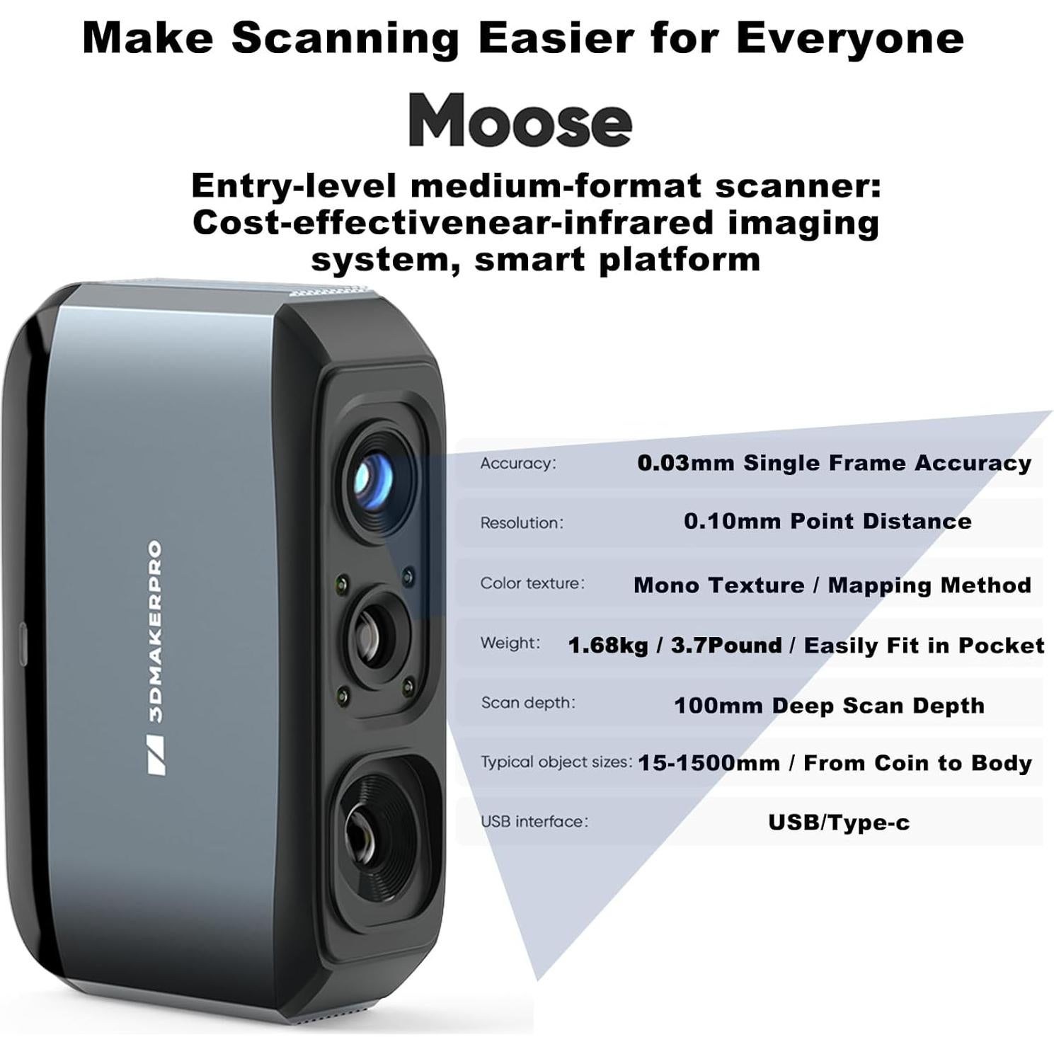 Escáner 3D de mano 3DMakerpro Moose, 0.03 mm precisión