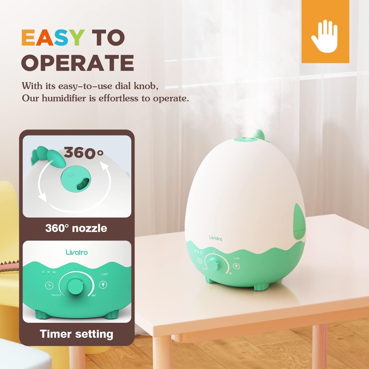Humidifiers for Baby with Diffuser, Ultrasonic Quiet Air Kids Humidifier for Bedroom Nursery with Night Light, Timer, and Auto-Shut Off, Last up to 40Hours, BPA FREE, Dinosaur with Fun Stickers