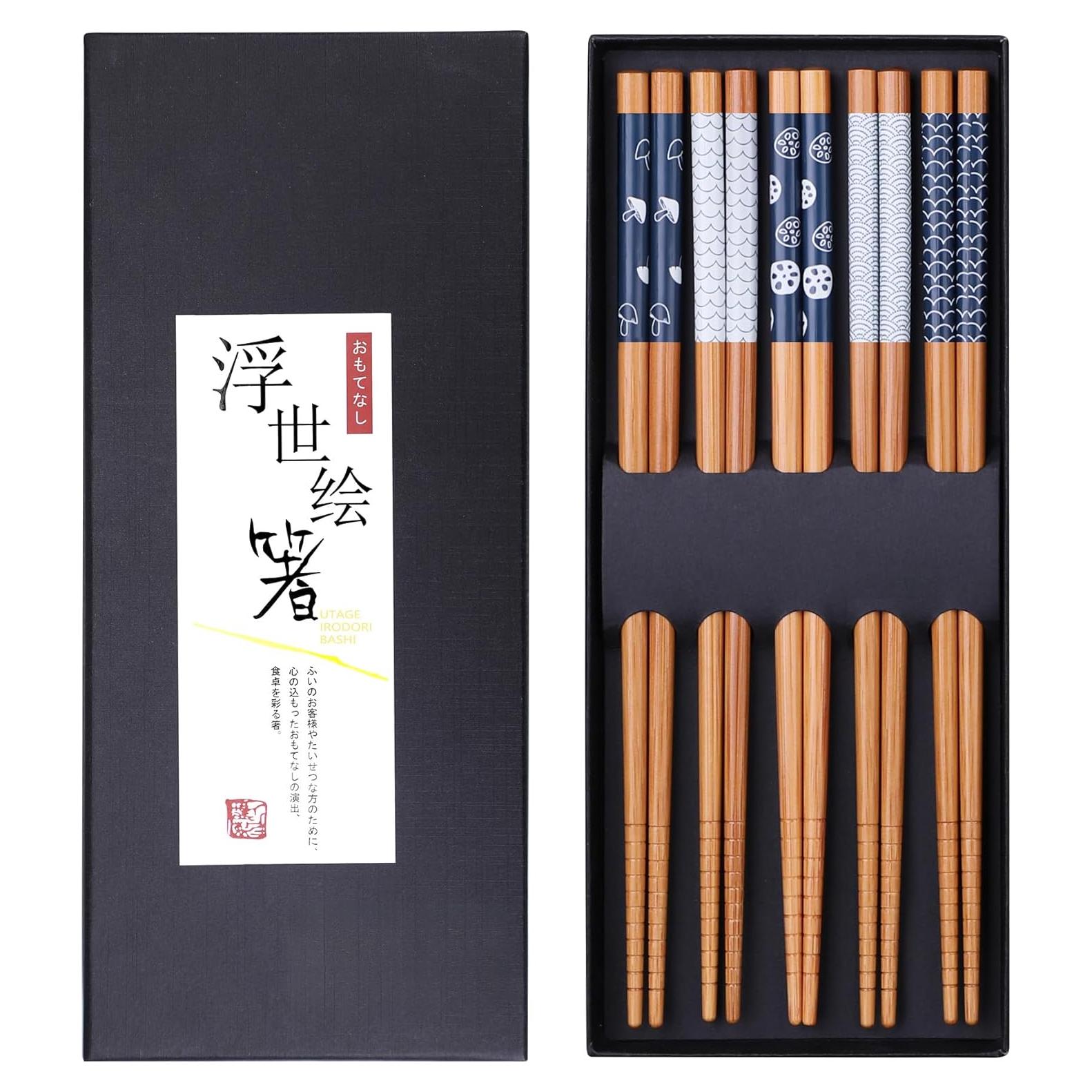 Antner 5 Pairs Bamboo Chopsticks Reusable Chop Sticks Japanese Style Bamboo Chopstick with Black Box Lightweight 8.8 Inch/22.5cm Non-Slip Chopsticks Gift Set