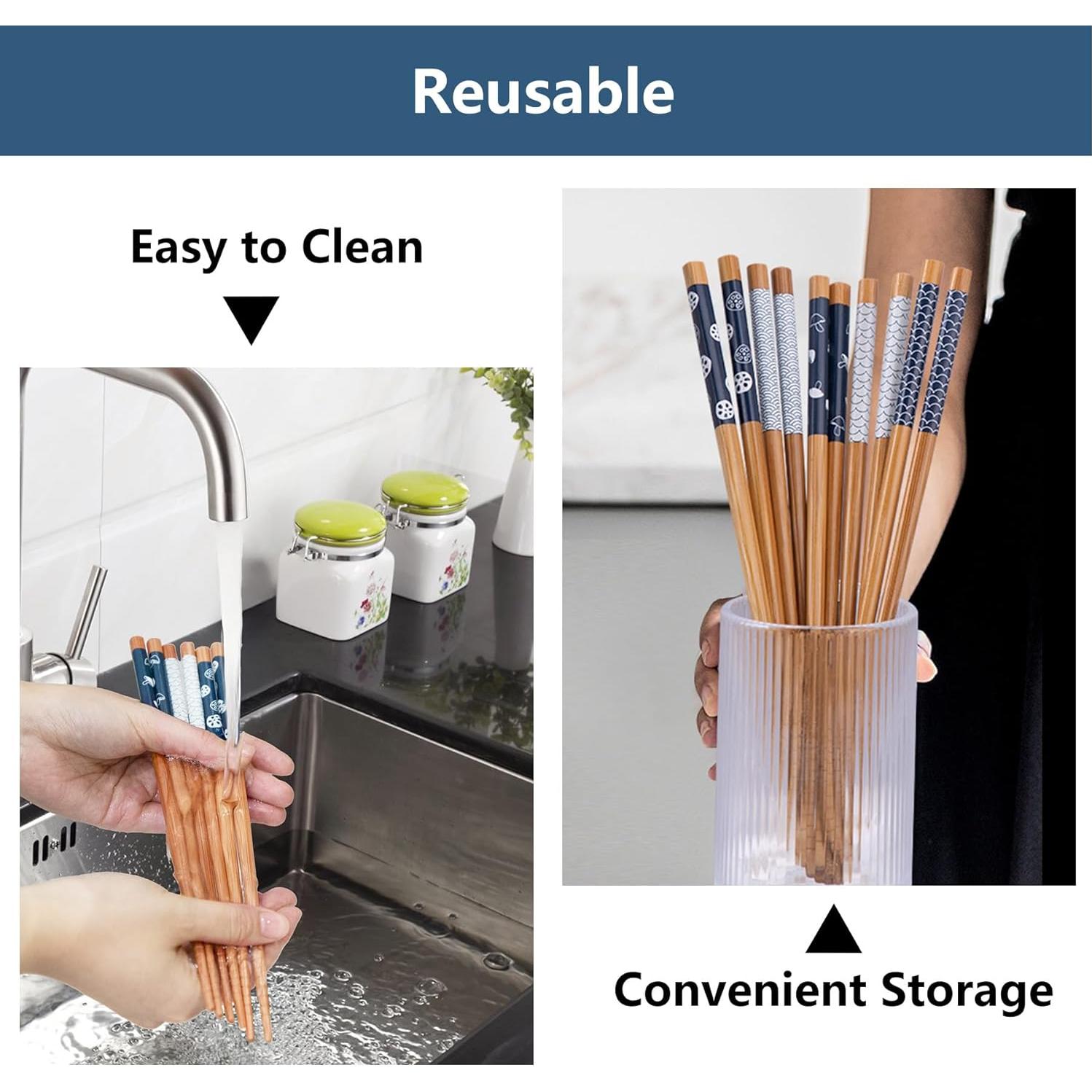 Antner 5 Pairs Bamboo Chopsticks Reusable Chop Sticks Japanese Style Bamboo Chopstick with Black Box Lightweight 8.8 Inch/22.5cm Non-Slip Chopsticks Gift Set