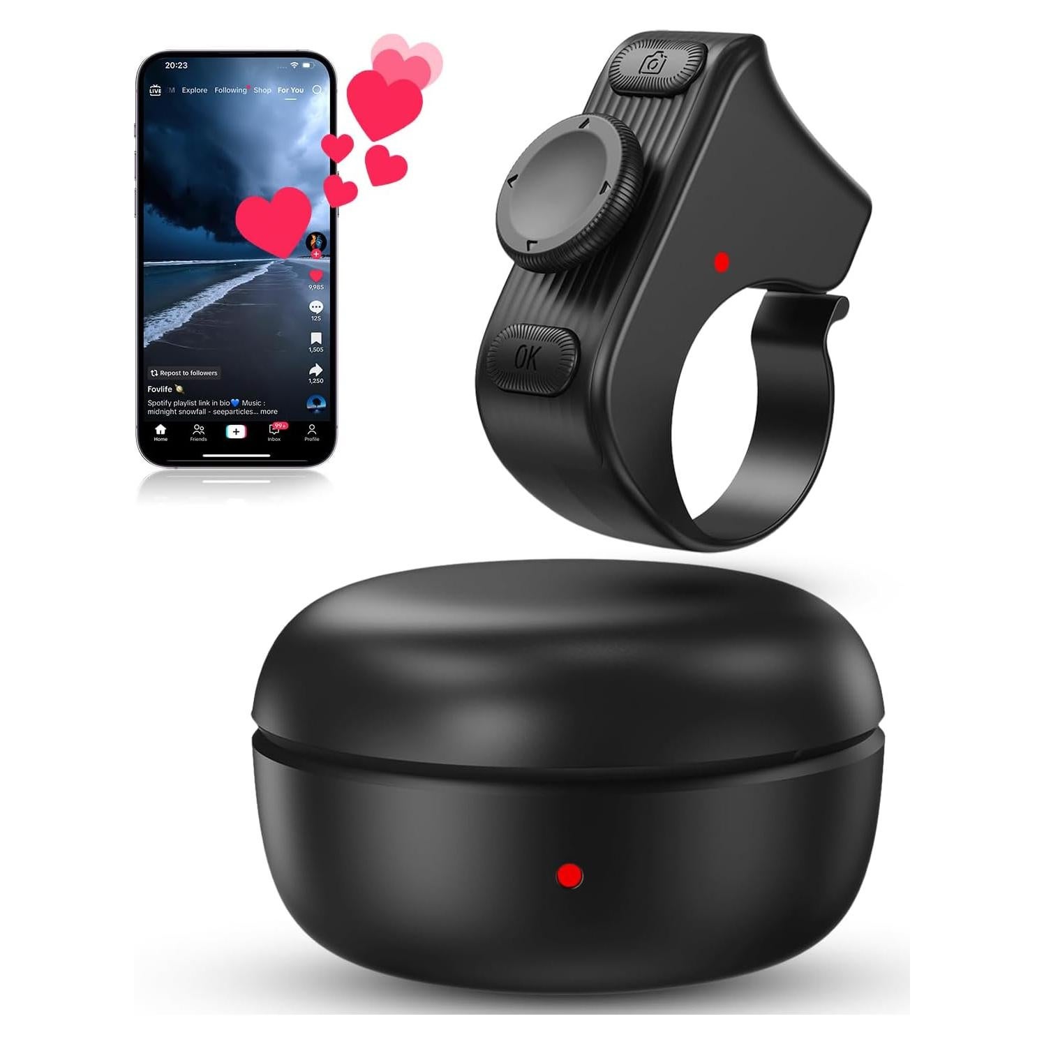 TikTok Scrolling Ring Remote Control, Camera Shutter Remote, Wireless Bluetooth Scrolling Ring for iPhone, iPad, iOS, Android - Black