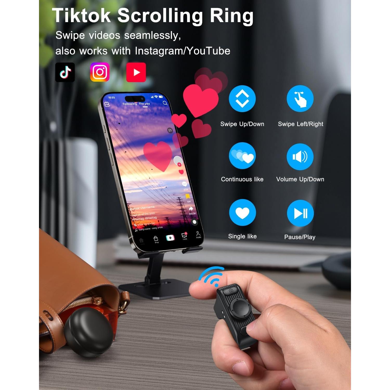 TikTok Scrolling Ring Remote Control, Camera Shutter Remote, Wireless Bluetooth Scrolling Ring for iPhone, iPad, iOS, Android - Black