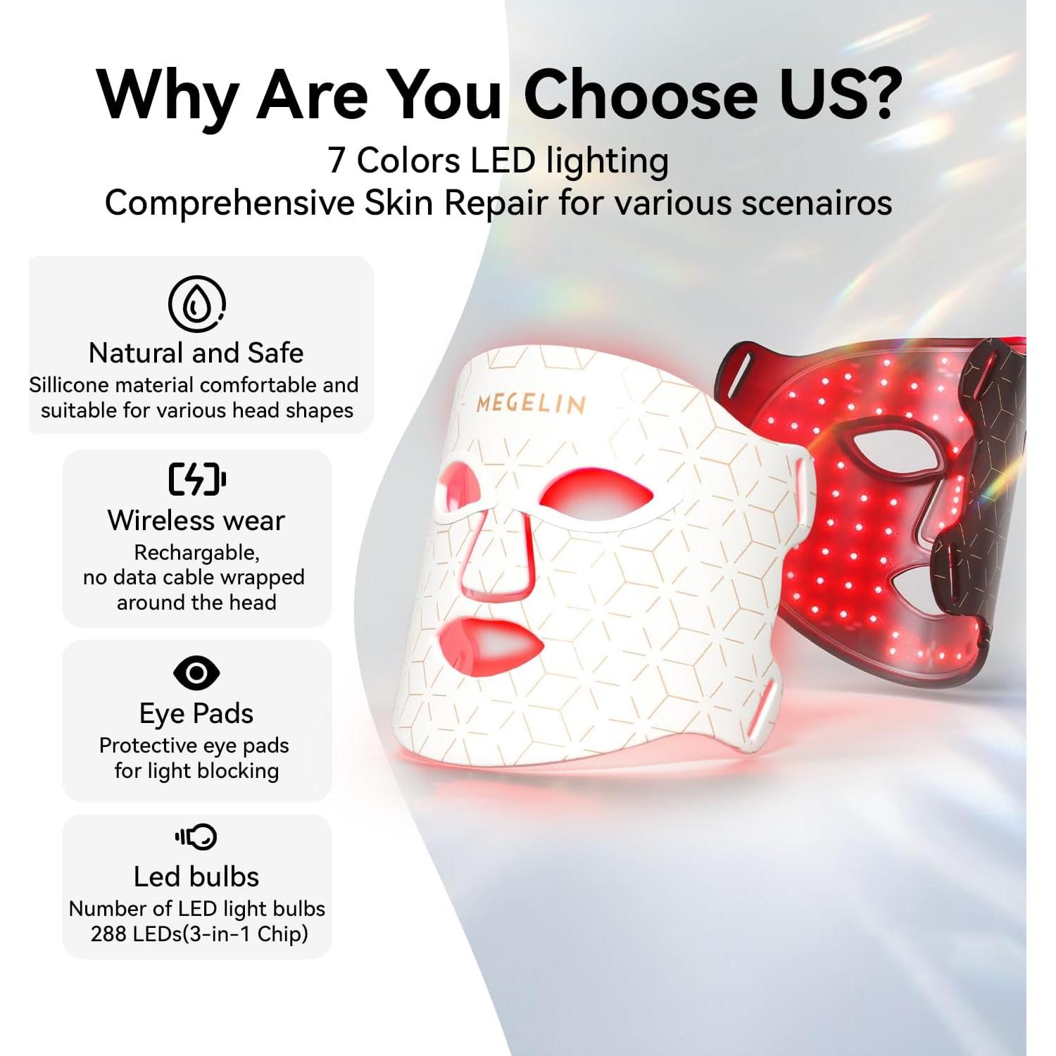 Máscara Facial LED MEGELIN 7 Colores Terapia Luz Rejuvenecedora