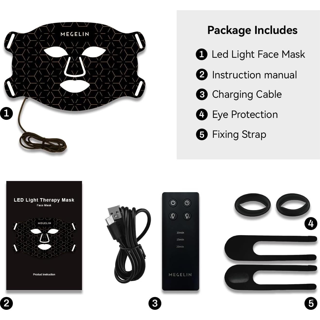 Máscara Facial LED MEGELIN 7 Colores Terapia Luz Rejuvenecedora