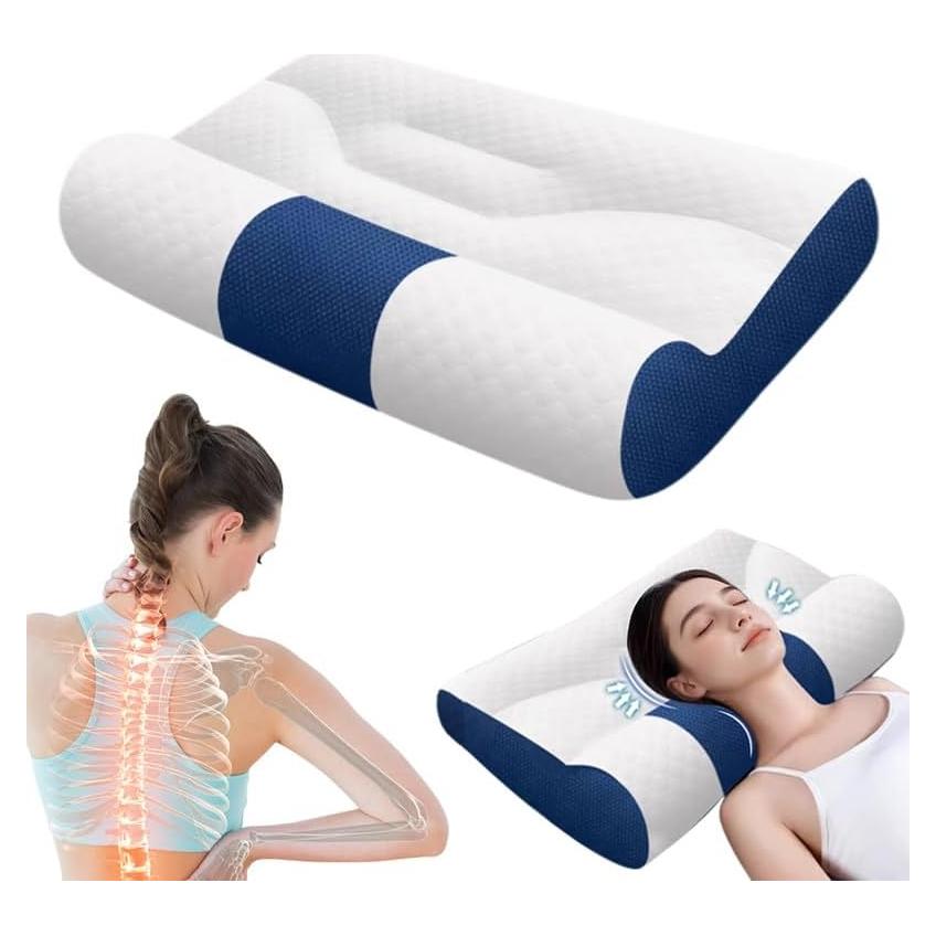 Sleep Enhancing Cervical Support Comfort Goose Down Pillow, Ergonomic Goose Down Pillow, Cervical Contour Neck Support Orthopedic Pillow for Side Back Stomach Sleeper (Blue)