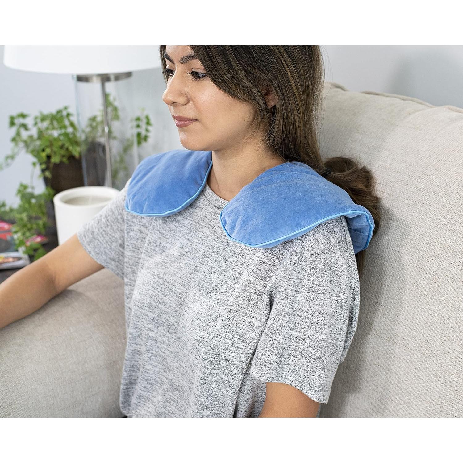 DreamTime Microwaveable Crescent Wrap with Aromatherapy, Heating Pad for Neck and Shoulders, Neck Wrap with Soothing Lavender, Lemongrass, and Chamomile Herbs for Natural Stress Relief, Blue