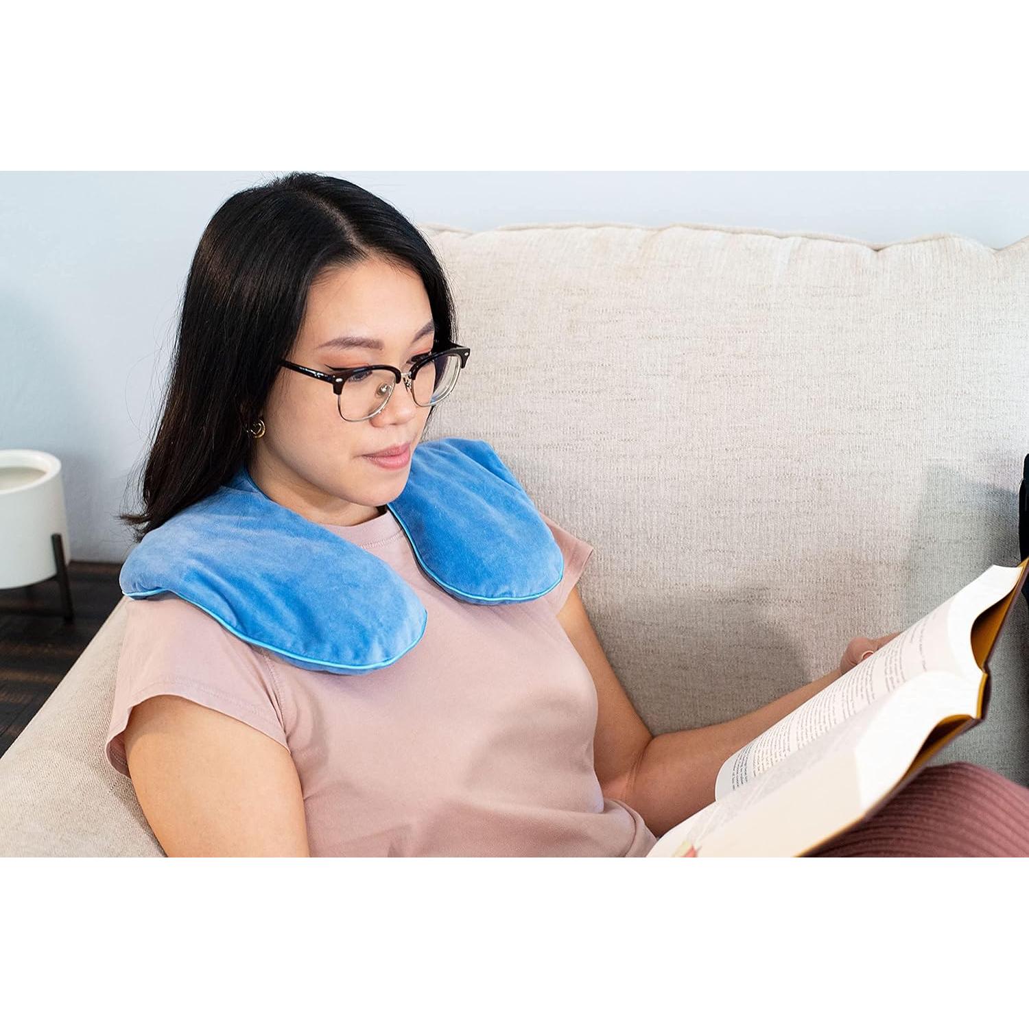 DreamTime Microwaveable Crescent Wrap with Aromatherapy, Heating Pad for Neck and Shoulders, Neck Wrap with Soothing Lavender, Lemongrass, and Chamomile Herbs for Natural Stress Relief, Blue