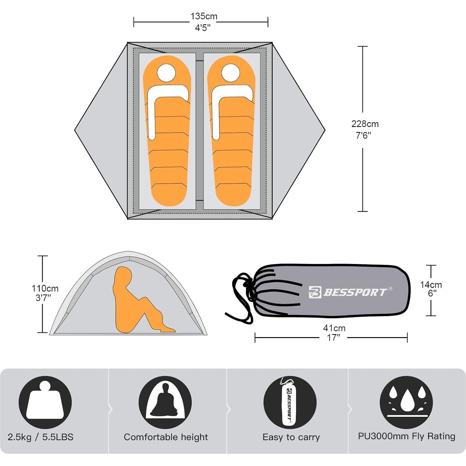 Tienda de Camping Bessport 2-3 Personas Impermeable Gris