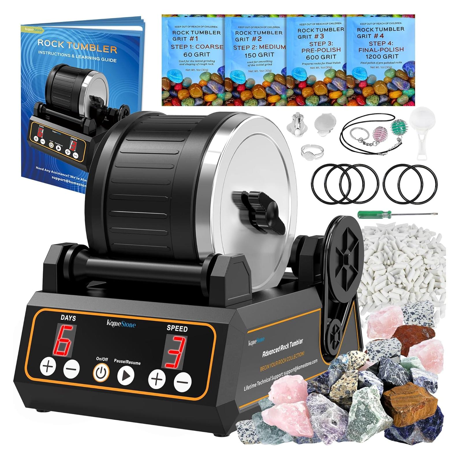 Rock Tumbler Kit, K1 Professional Large 2.5LB Capacity Edition - Memory Function, Digital Timer & Variable Speeds: Create Stunning Gems Full Accessories Included