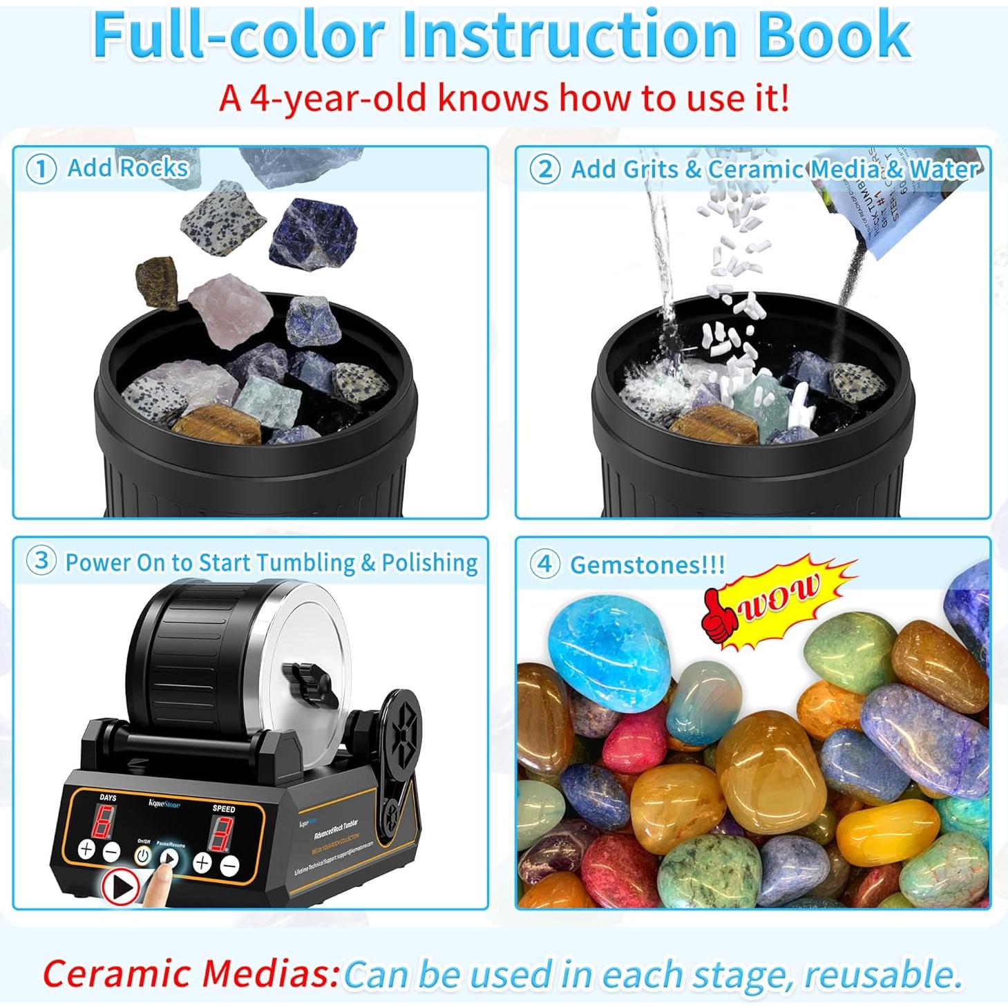 Rock Tumbler Kit, K1 Professional Large 2.5LB Capacity Edition - Memory Function, Digital Timer & Variable Speeds: Create Stunning Gems Full Accessories Included