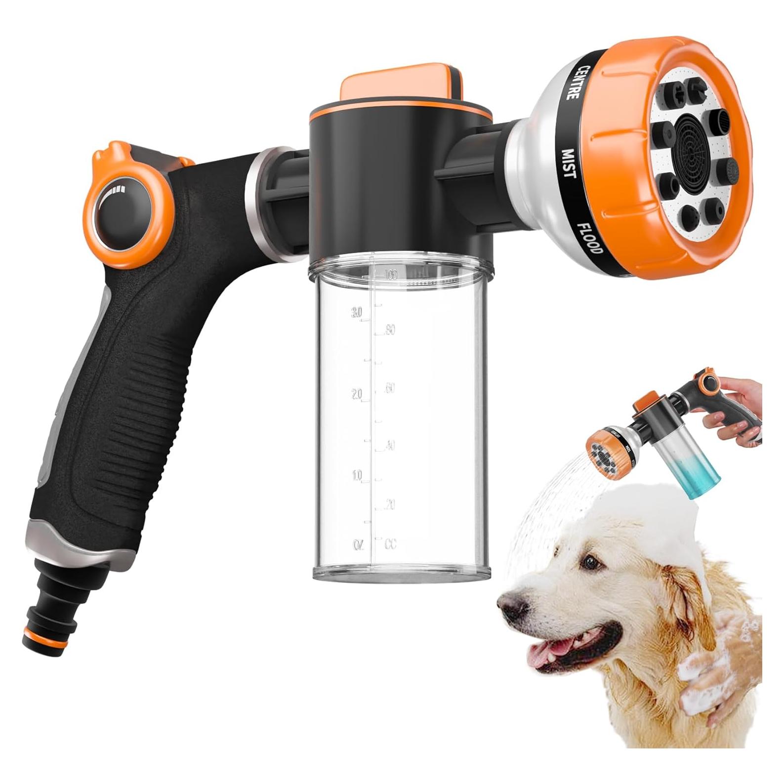 Upgraded Dog Wash Hose Attachment, Dog Shower Attachment,8-in-1 Mode Dog Shampoo Sprayer with 3.5oz 100cc Soap Dispenser, for Pet Washing Irrigated Lawn Patio Car Cleaning