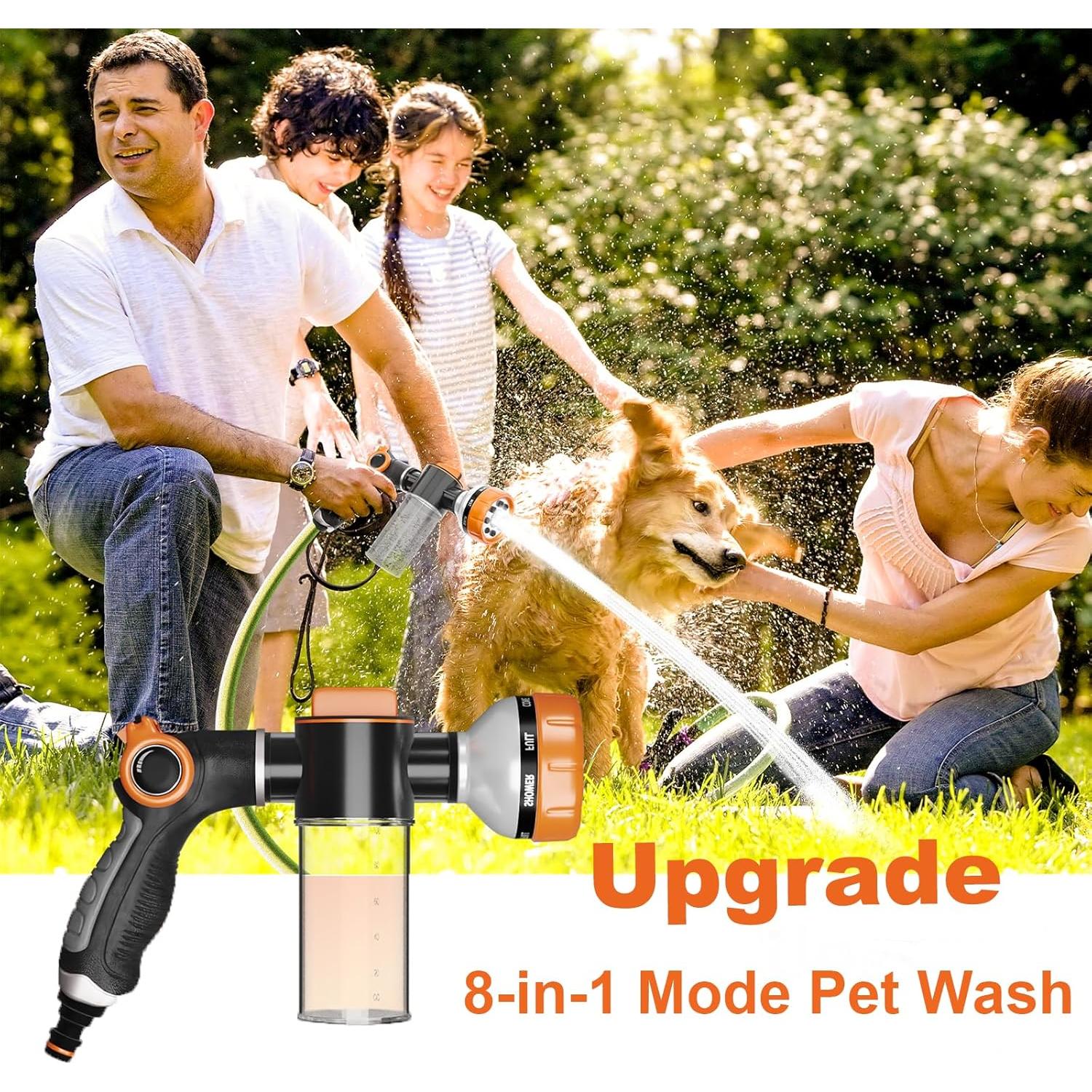 Upgraded Dog Wash Hose Attachment, Dog Shower Attachment,8-in-1 Mode Dog Shampoo Sprayer with 3.5oz 100cc Soap Dispenser, for Pet Washing Irrigated Lawn Patio Car Cleaning