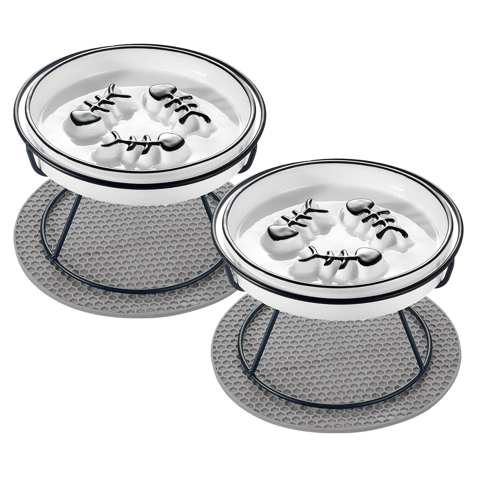 2PCS Raised Cat Bowl - Improved Design, Elevated Puzzle Feeder, Anti Vomit & Obesity Prevention, Slow Down Eating Speed