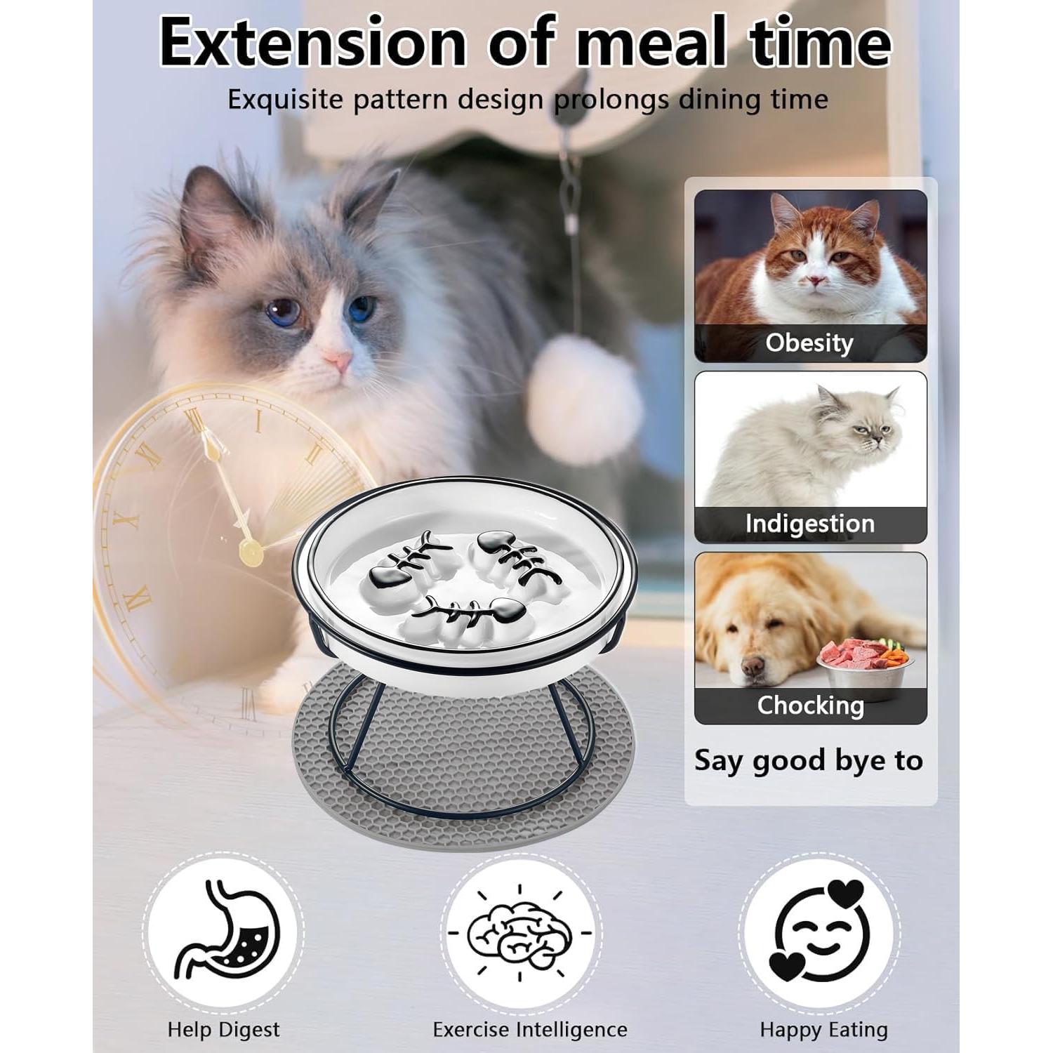 2PCS Raised Cat Bowl - Improved Design, Elevated Puzzle Feeder, Anti Vomit & Obesity Prevention, Slow Down Eating Speed