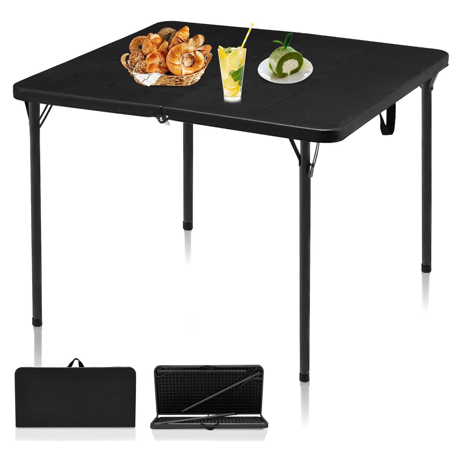 34" Folding Table, Portable Square Folding Card Table with Collapsible Legs & Carrying Handle, Plastic Tables for Camping,Picnic, Office, Party, Black