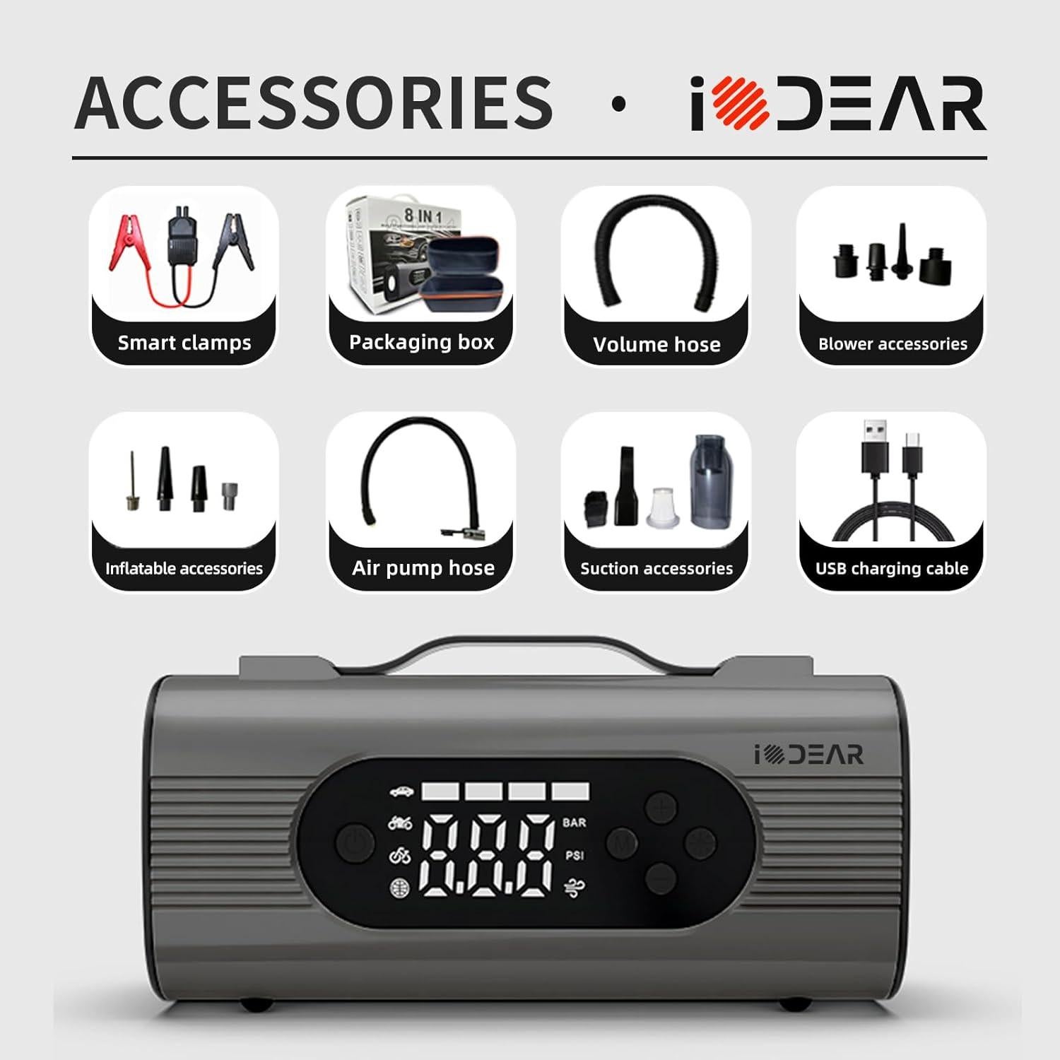 Arrancador de coche iODEAR S8 1000A con compresor y aspiradora