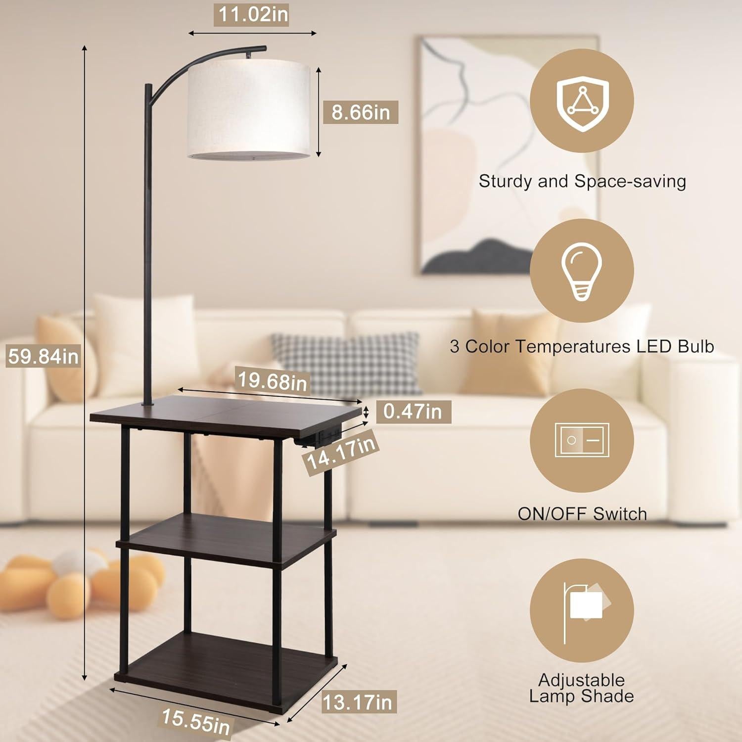 Lámpara de Pie PESRAE con Mesa Lateral y Carga USB 9W