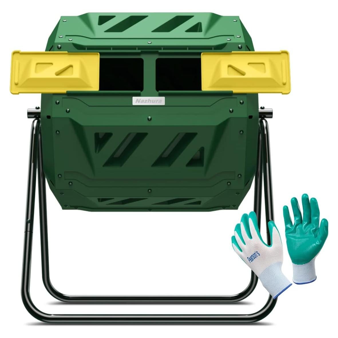 Compost Tumbler Bin Composter Dual Chamber 43 Gallon (Bundled with Pearson's Gardening Gloves)