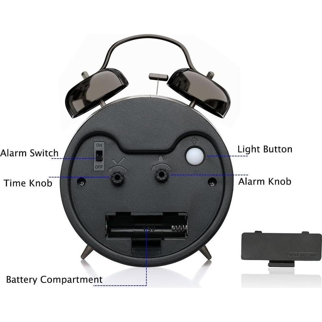 Lesipee Loud Alarm Clock for Heavy Sleeper, Clocks for Bedroom, 4'' Battery Operated Metal Clocks with Night Light, Retro Analog Clock for Student with Luminous dial Non-Ticking, Back to School